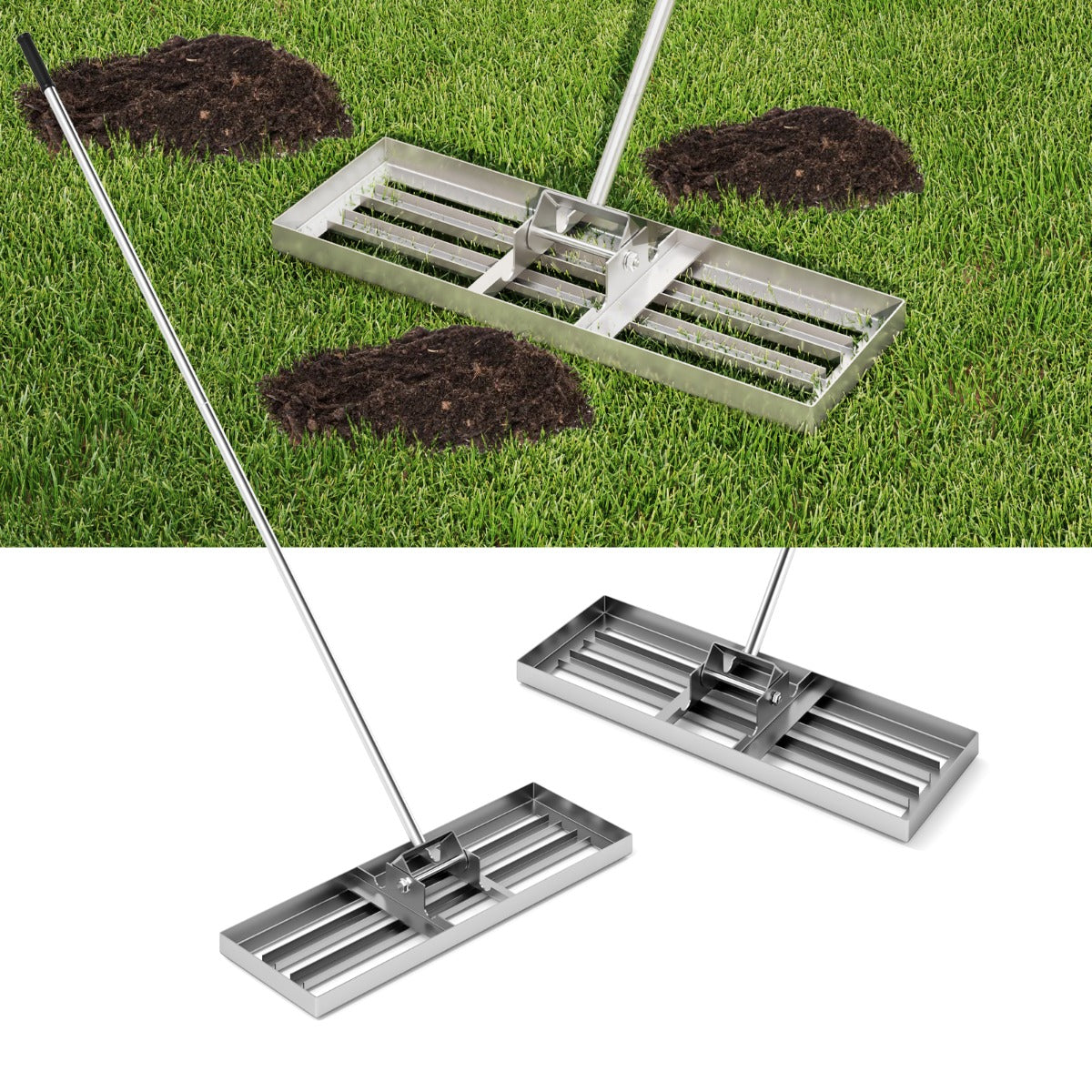 LIVSK Ergonomische Gazonhark - Groot Blad 75 x 25 cm - 170 cm Lange Steel - Robuust Metaal - Voor Efficiënt Onderhoud - Zilver