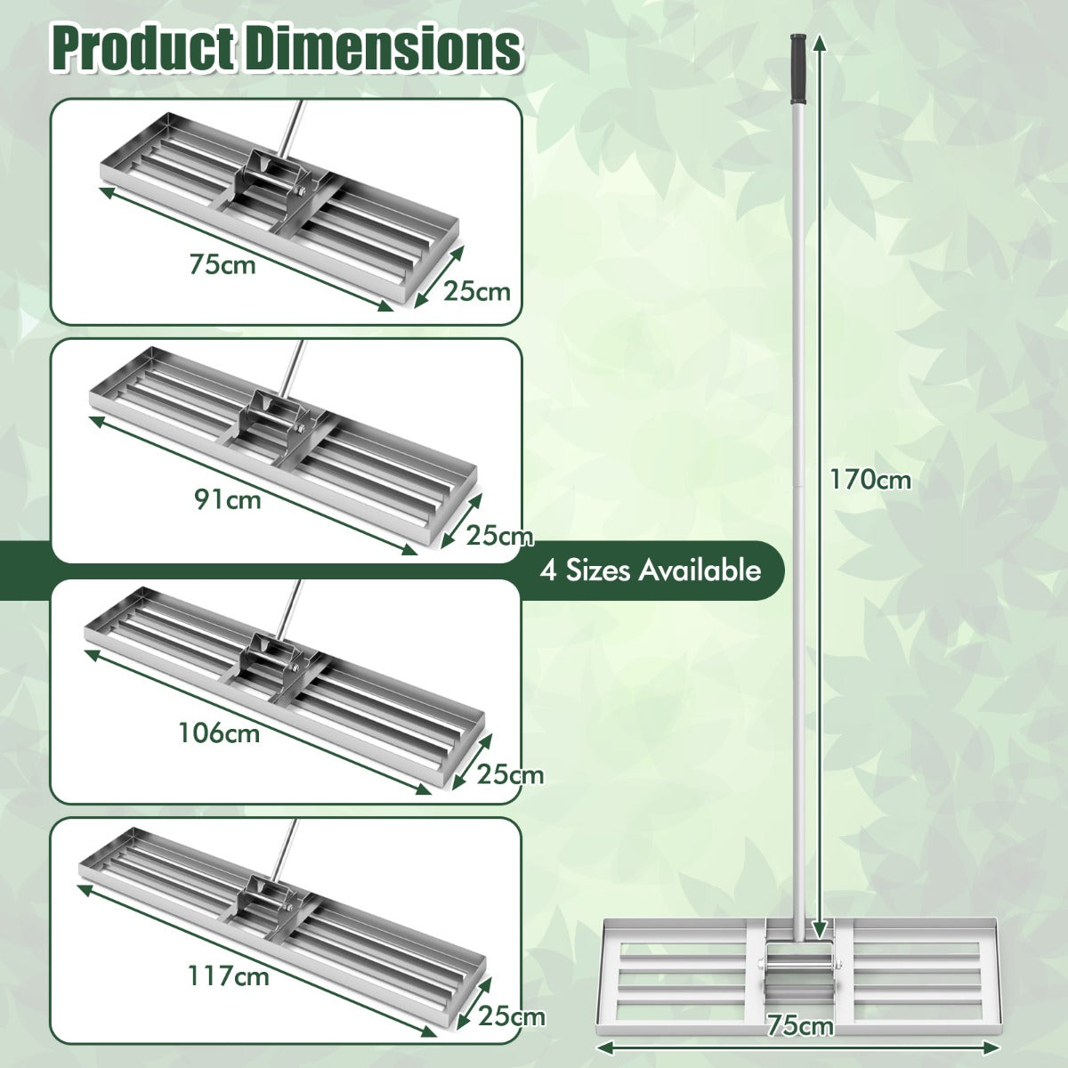 LIVSK Ergonomische Gazonhark - Groot Blad 75 x 25 cm - 170 cm Lange Steel - Robuust Metaal - Voor Efficiënt Onderhoud - Zilver
