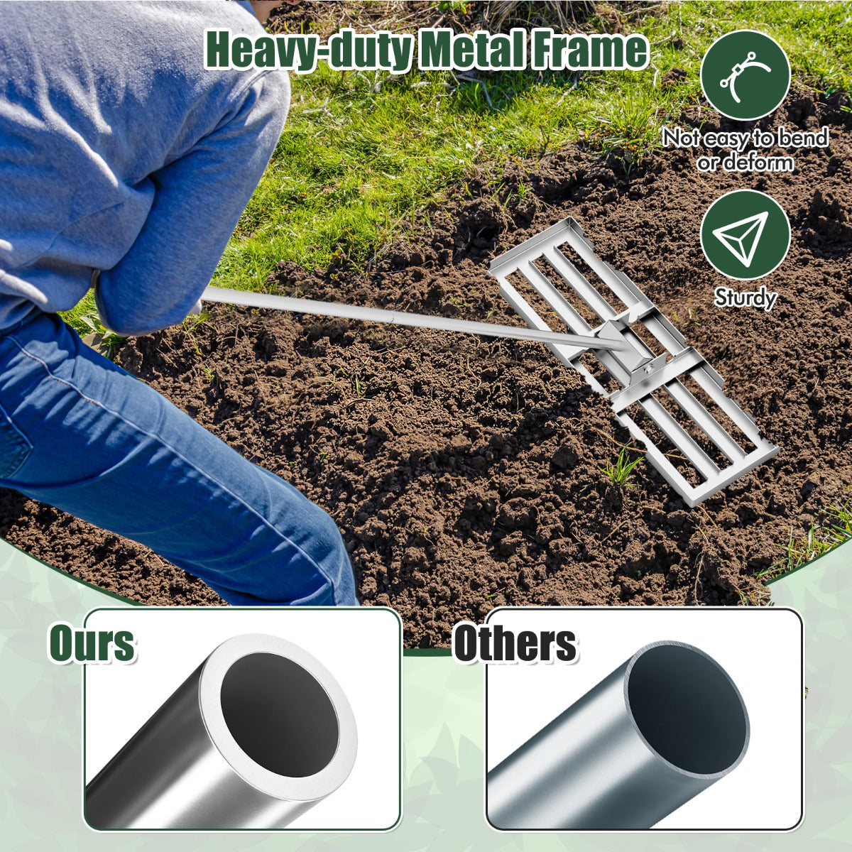LIVSK Ergonomische Gazonhark - Groot Blad 75 x 25 cm - 170 cm Lange Steel - Robuust Metaal - Voor Efficiënt Onderhoud - Zilver