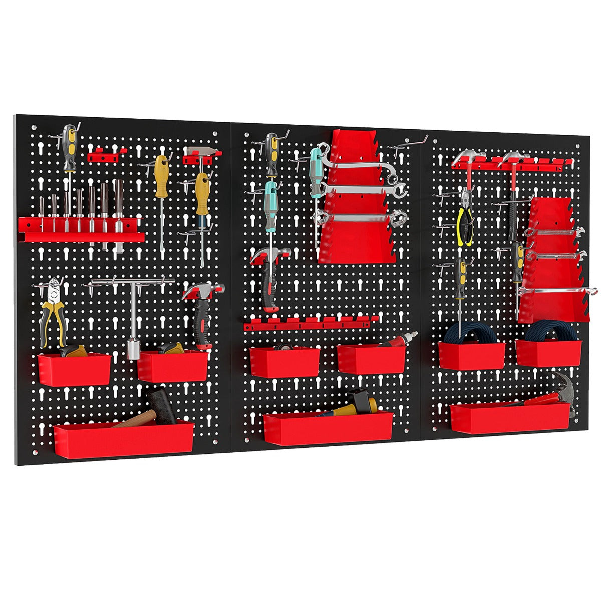 LIVSK Gereedschapswand - 9 Opbergdozen - 30-gats Houder - Sleutel- en Boorhouders - 12 Haken - Zwart en Rood