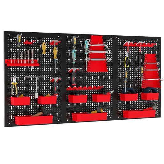 LIVSK Gereedschapswand - 9 Opbergdozen - 30-gats Houder - Sleutel- en Boorhouders - 12 Haken - Zwart en Rood