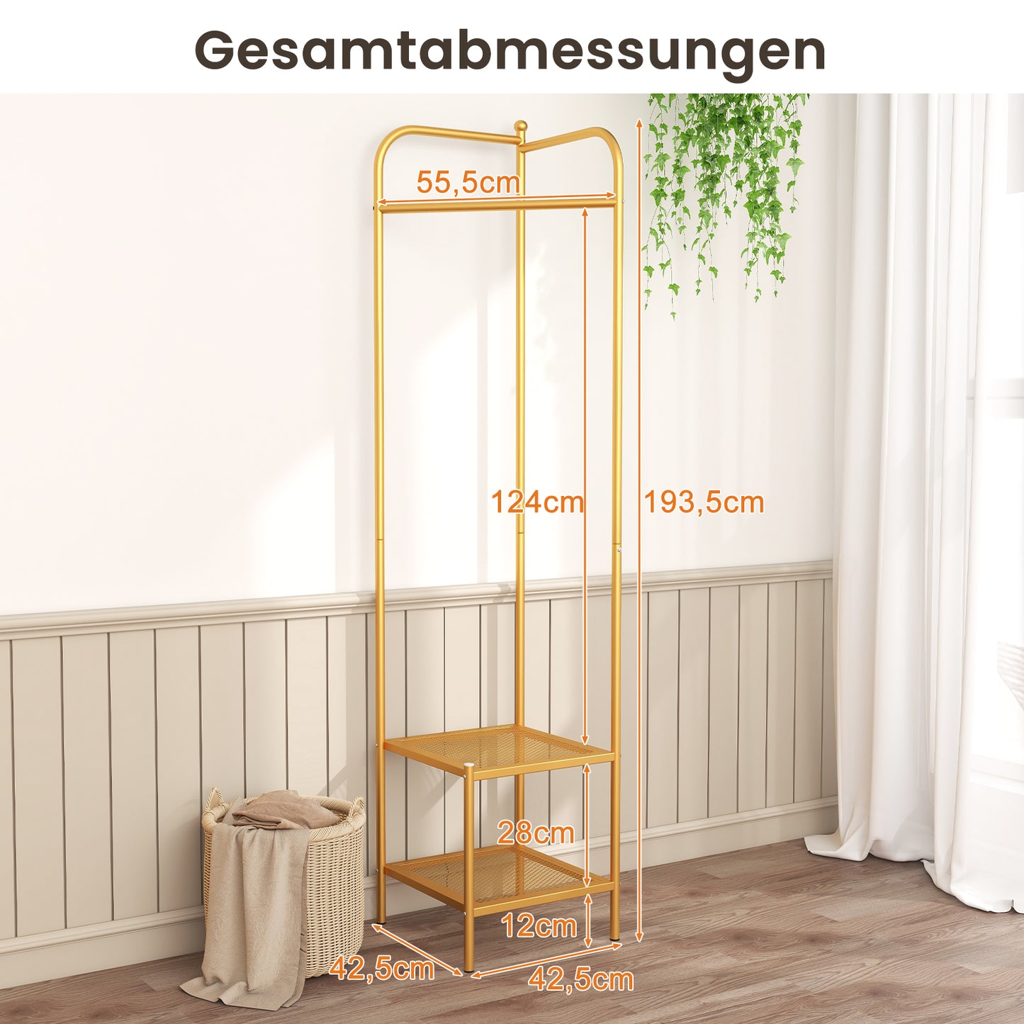 LIVSK Vrijstaande Kledingstandaard - Metalen met Antislipvoeten - 42,5 x 42,5 x 193,5 cm - Stijlvolle Opbergruimte - Goud
