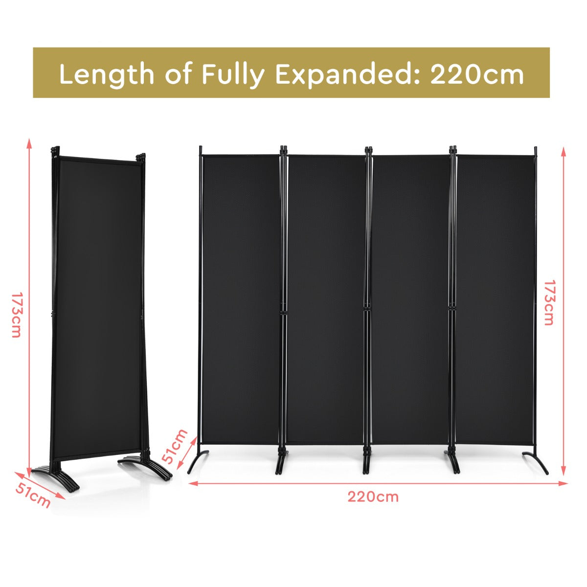 LIVSK 4-panelen Kamerscherm - Opvouwbaar met Stalen Frame - Verstelbare Voeten - 220 x 51 x 173 cm - Zwart