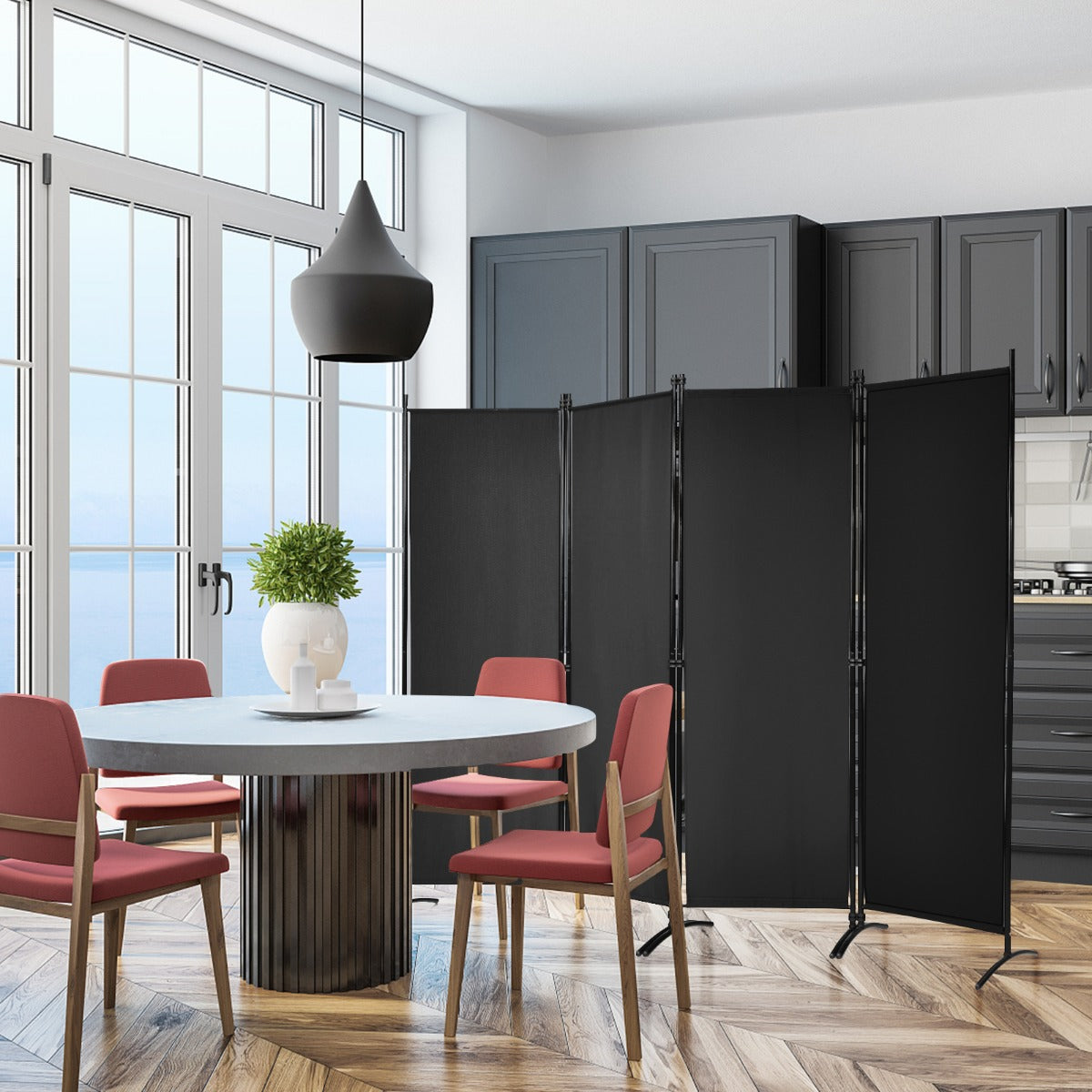 LIVSK 4-panelen Kamerscherm - Opvouwbaar met Stalen Frame - Verstelbare Voeten - 220 x 51 x 173 cm - Zwart