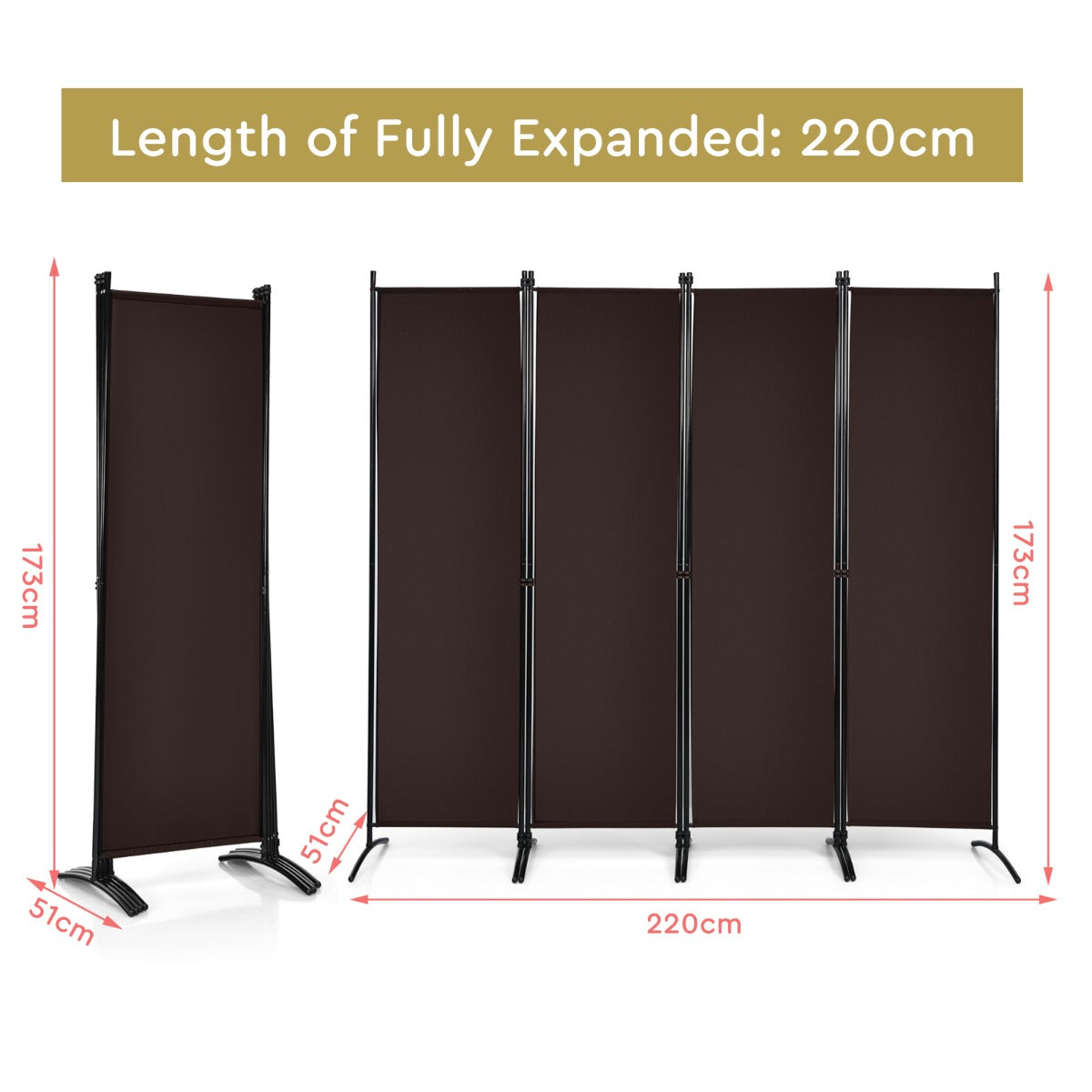 LIVSK Opvouwbaar Kamerscherm - 4 Panelen - Verstelbare Poten - Duurzaam Polyester en Staal - 220 x 51 x 173 cm - Bruin