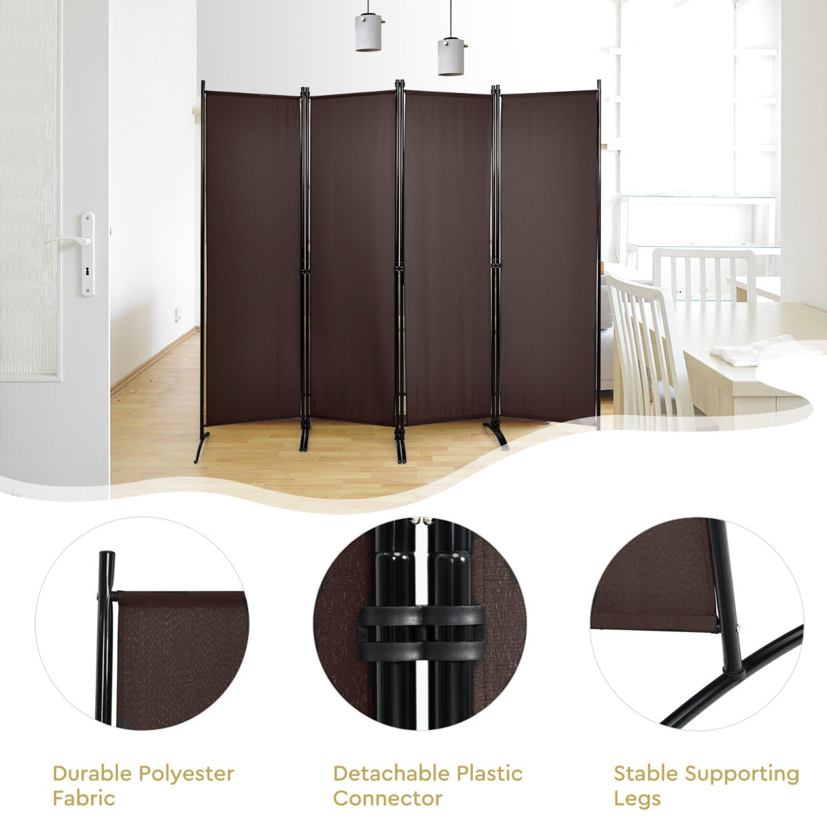 LIVSK Opvouwbaar Kamerscherm - 4 Panelen - Verstelbare Poten - Duurzaam Polyester en Staal - 220 x 51 x 173 cm - Bruin