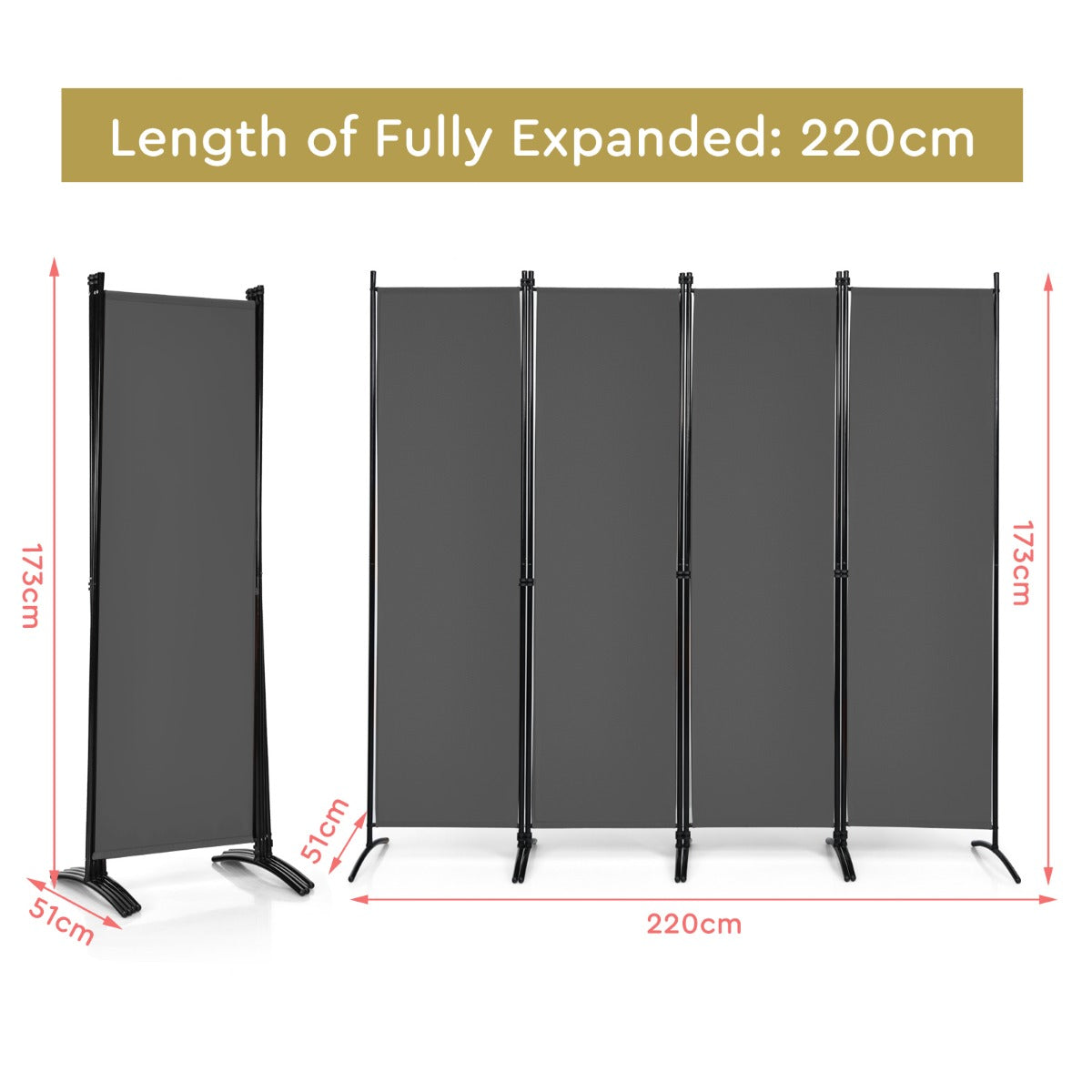 LIVSK Kamerscherm 4-panelen - Opvouwbaar - Hoogwaardig Polyester - Stalen Frame - Flexibel en Duurzaam - 220 x 51 x 173 cm - Grijs