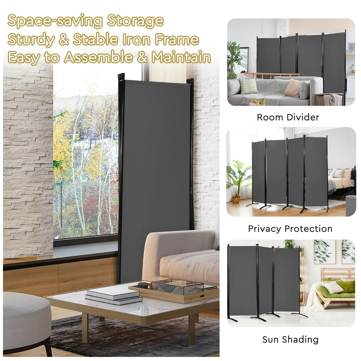 LIVSK Kamerscherm 4-panelen - Opvouwbaar - Hoogwaardig Polyester - Stalen Frame - Flexibel en Duurzaam - 220 x 51 x 173 cm - Grijs