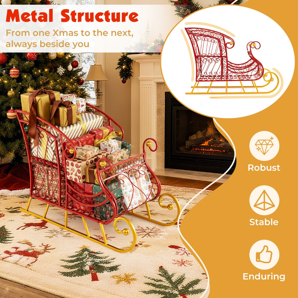Livsk costway metalen kerstman slee mand met twee lagen voor het opbergen van cadeaus feestelijke decoratieve slee kar 5 1