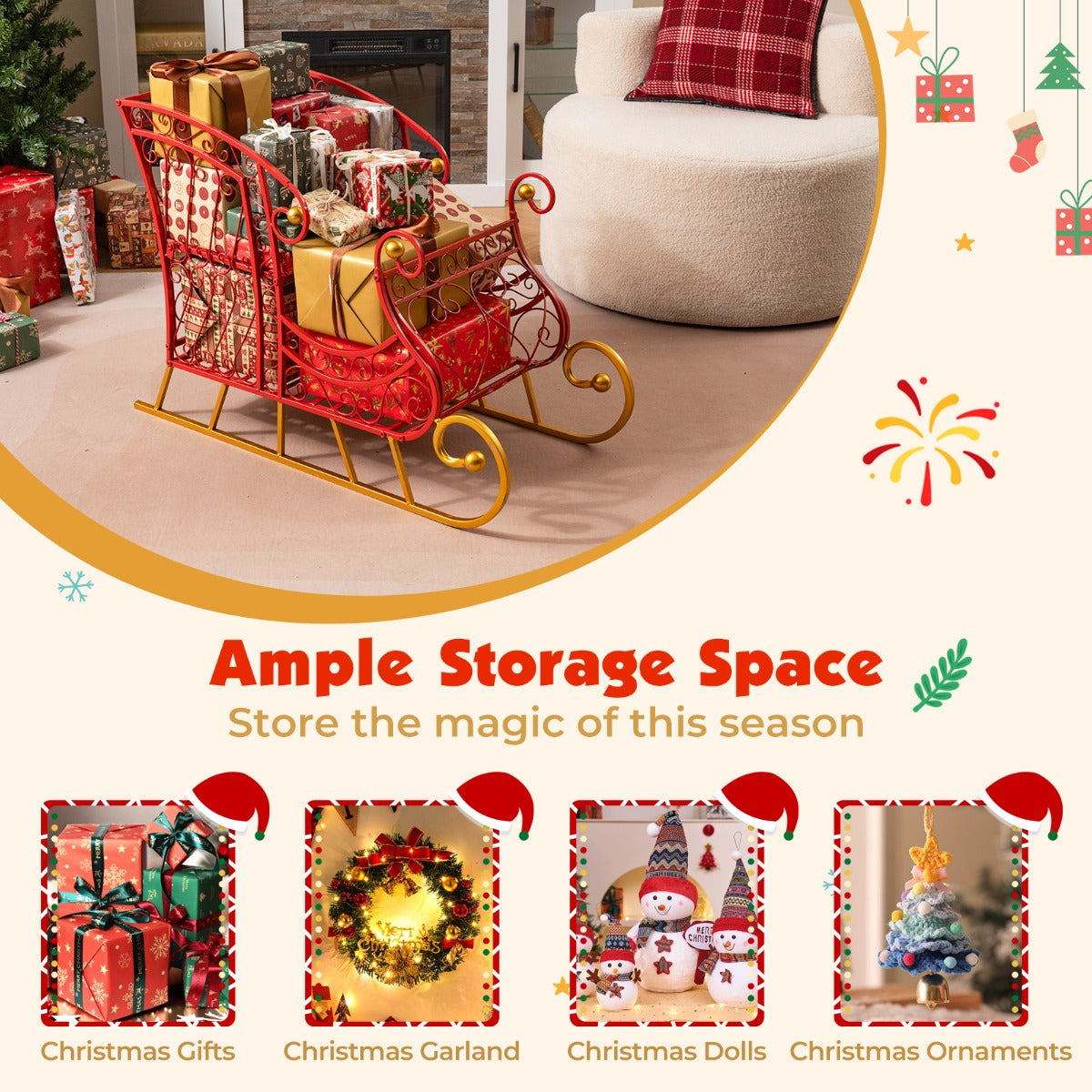 Livsk costway metalen kerstman slee mand met twee lagen voor het opbergen van cadeaus feestelijke decoratieve slee kar 6 2