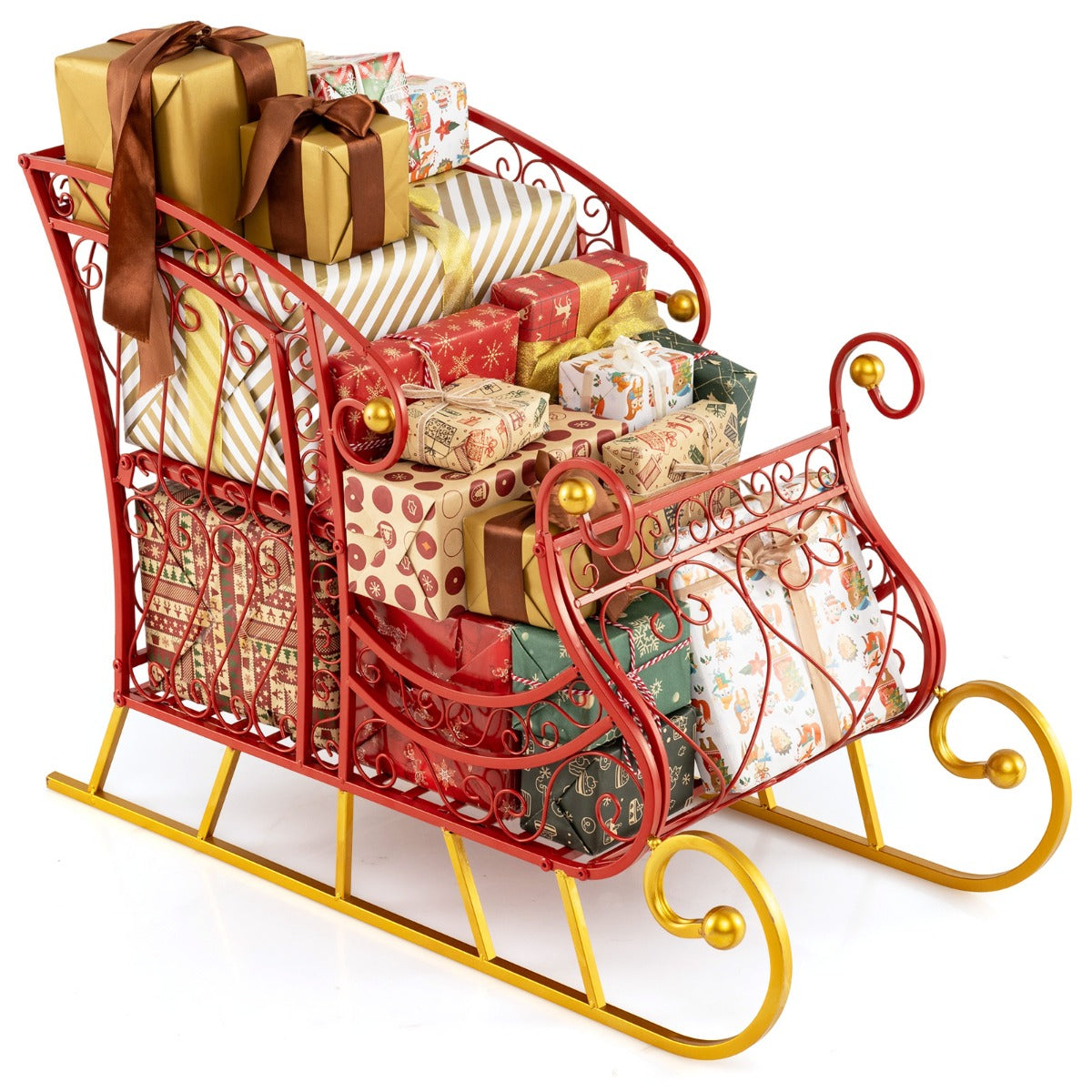 Livsk costway metalen kerstman slee mand met twee lagen voor het opbergen van cadeaus feestelijke decoratieve slee kar 2