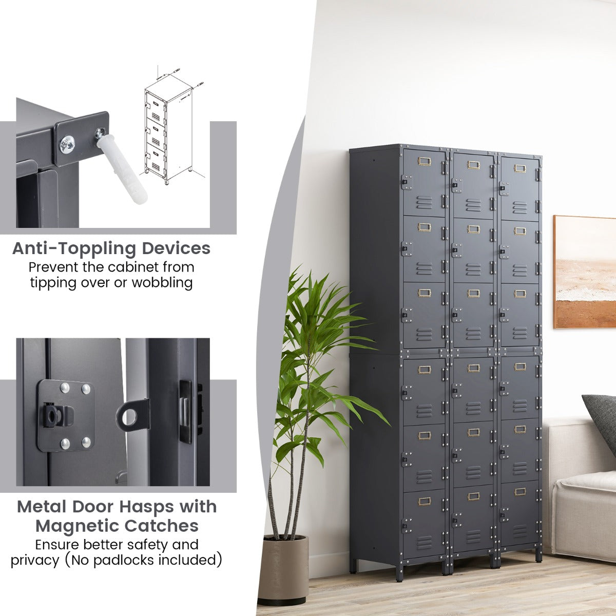 LIVSK Metalen Kast met 3 Deuren - Royale Opbergruimte - Verstelbare Voeten - Veiligheidsloten - 30 x 35 x 100 cm - Wijnoogst