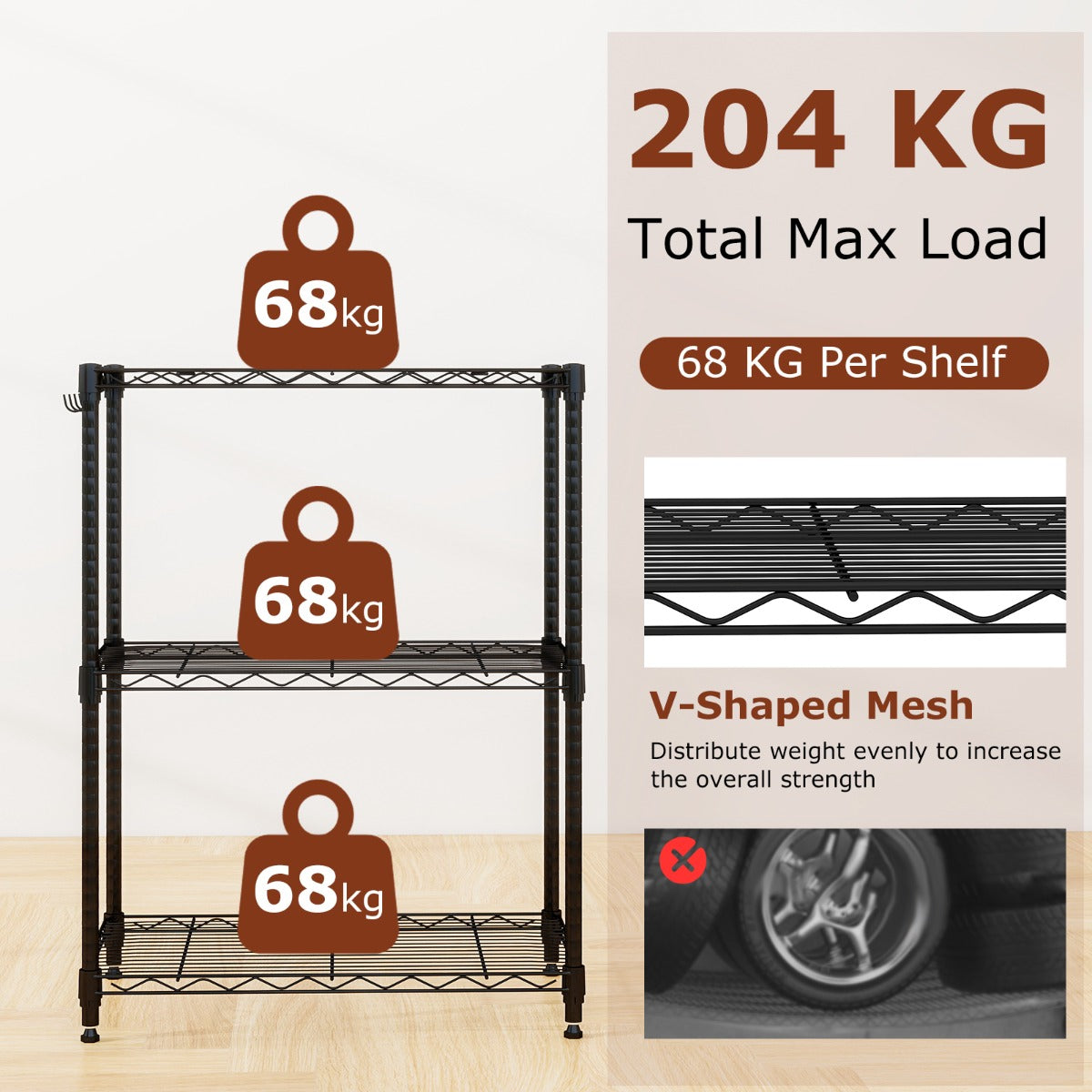 Livsk costway metalen opslagrekken drie verdiepingen tellende staande rekken heavy duty gaasrekken met verstelbare planken 3