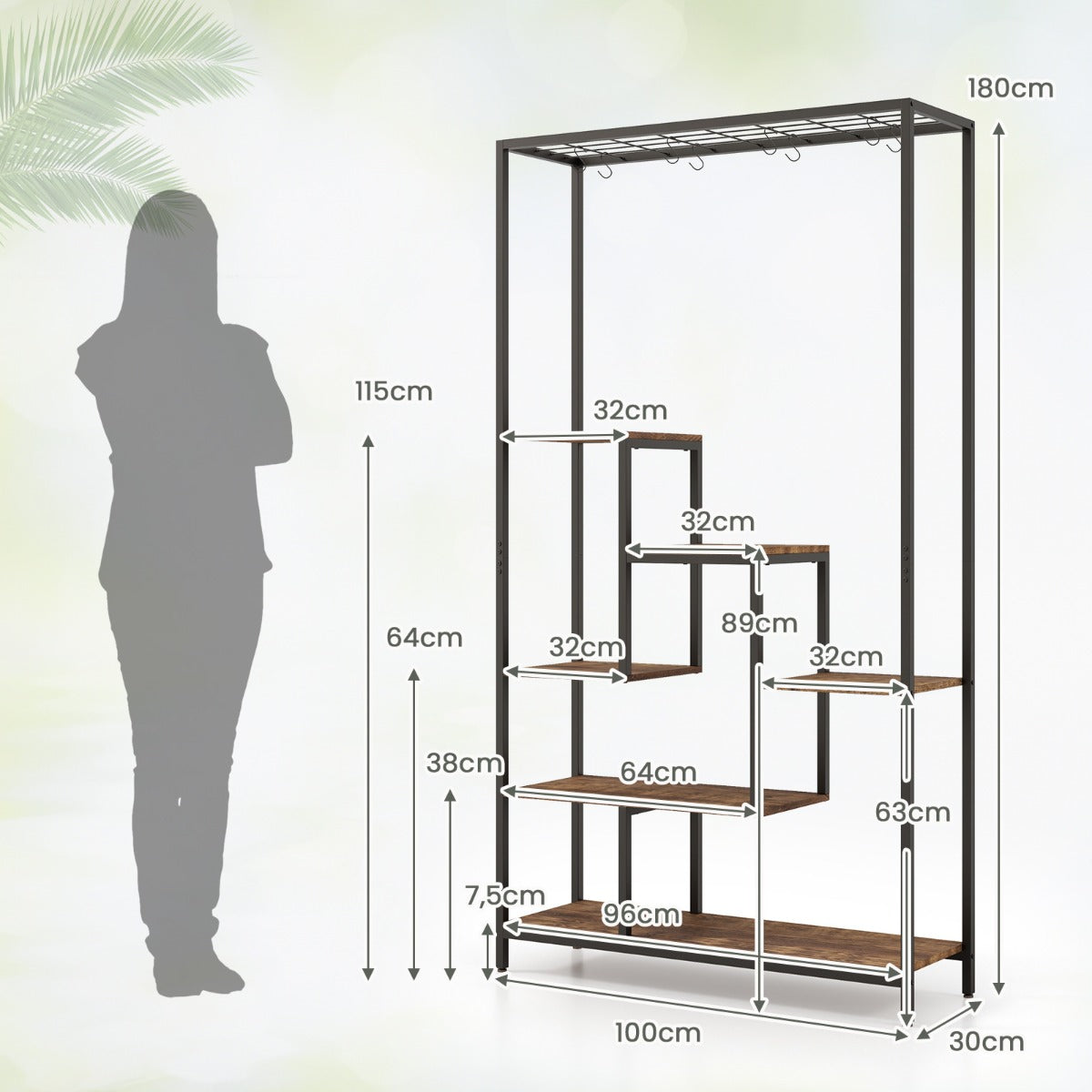 LIVSK Multifunctionele Plantenstandaard 6-niveaus - Met S-haken en kantelbeveiliging - Duurzaam en stabiel - 100 x 30 x 180 cm -