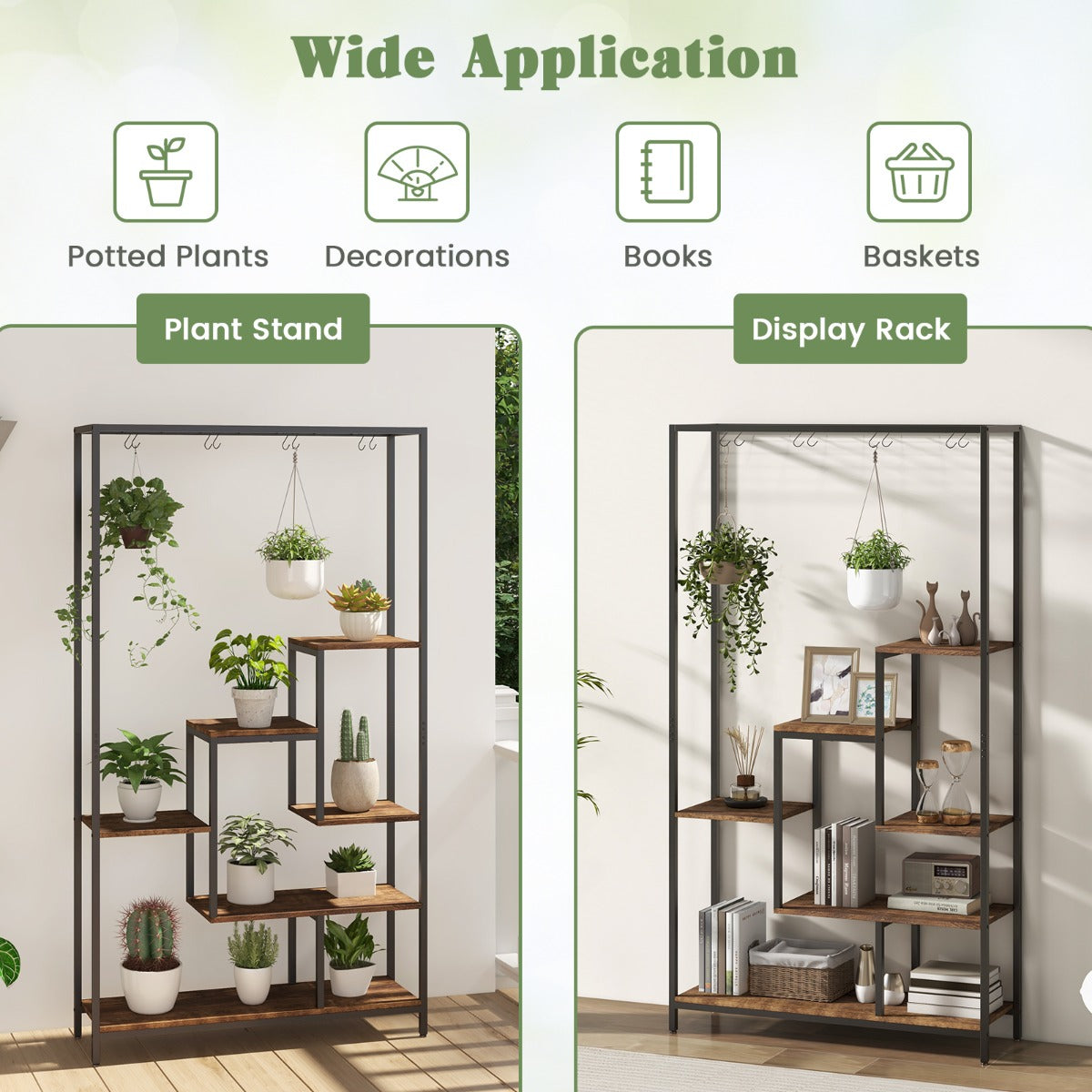 LIVSK Multifunctionele Plantenstandaard 6-niveaus - Met S-haken en kantelbeveiliging - Duurzaam en stabiel - 100 x 30 x 180 cm -