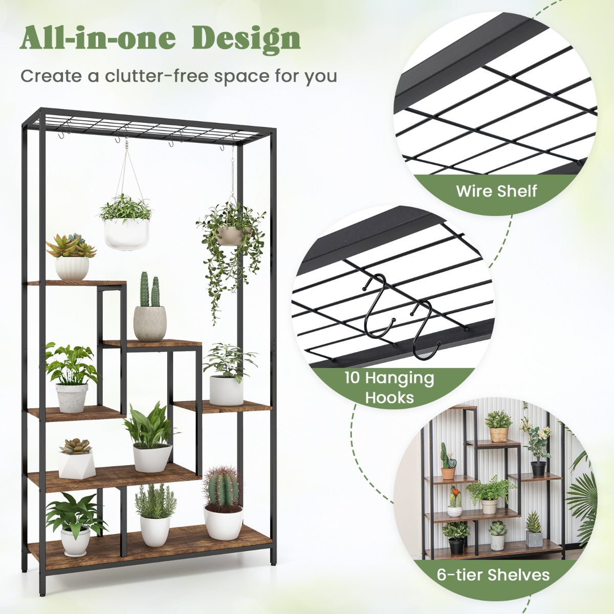 LIVSK Multifunctionele Plantenstandaard 6-niveaus - Met S-haken en kantelbeveiliging - Duurzaam en stabiel - 100 x 30 x 180 cm -