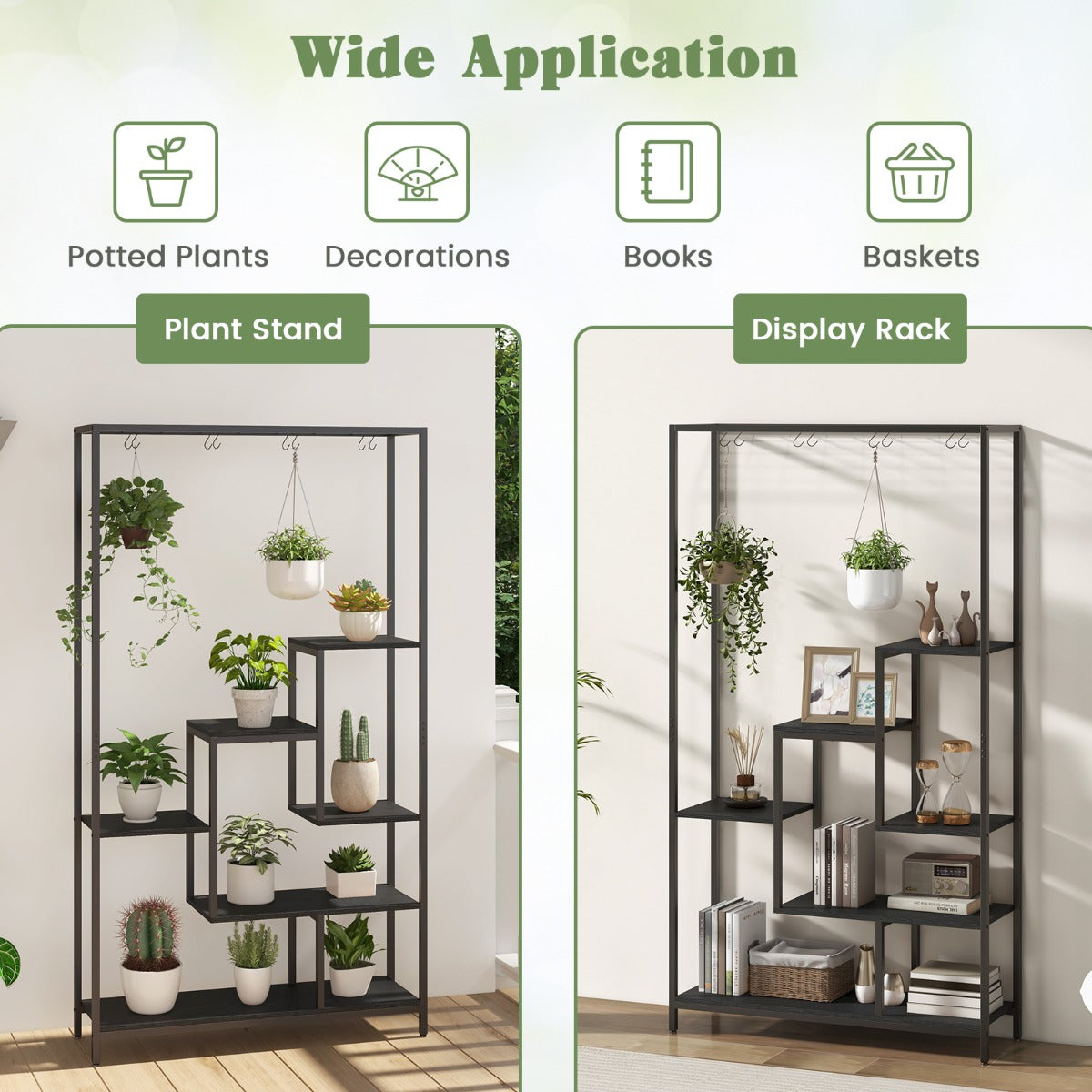 LIVSK Multifunctionele Plantenstandaard 6 Niveaus - 10 S-Haken - Duurzaam Metalen Frame - Ruimtebesparend - Zwart