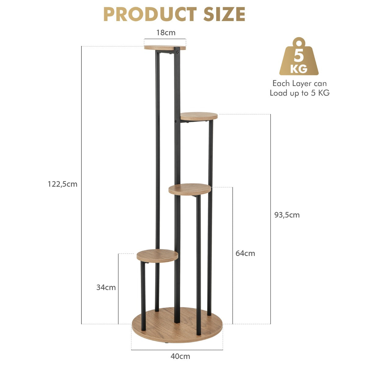 LIVSK Hoekplantenstandaard - Robuuste Constructie - 5 Niveaus - Elegante Witte Planken met Gouden Buizen - 40 x 40 x 125 cm -