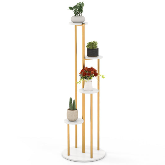 LIVSK Hoekplantstandaard - 5 Niveaus - Robuust Metaal en MDF - Multifunctioneel - Elegante Witte Planken - Goud & Wit