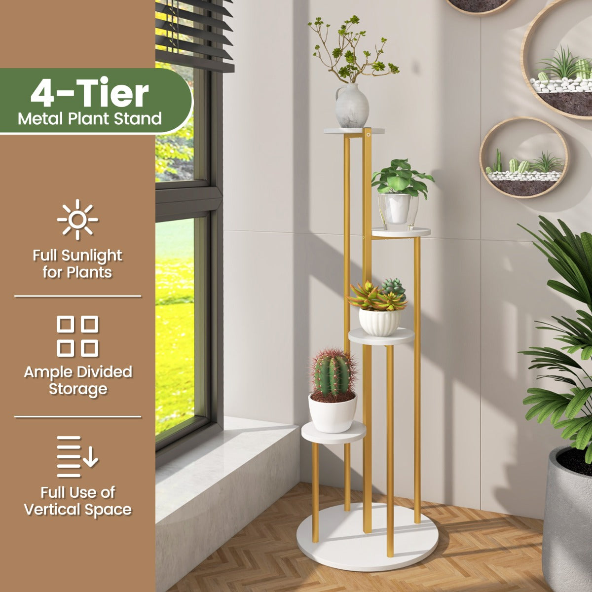 LIVSK Hoekplantstandaard - 5 Niveaus - Robuust Metaal en MDF - Multifunctioneel - Elegante Witte Planken - Goud & Wit