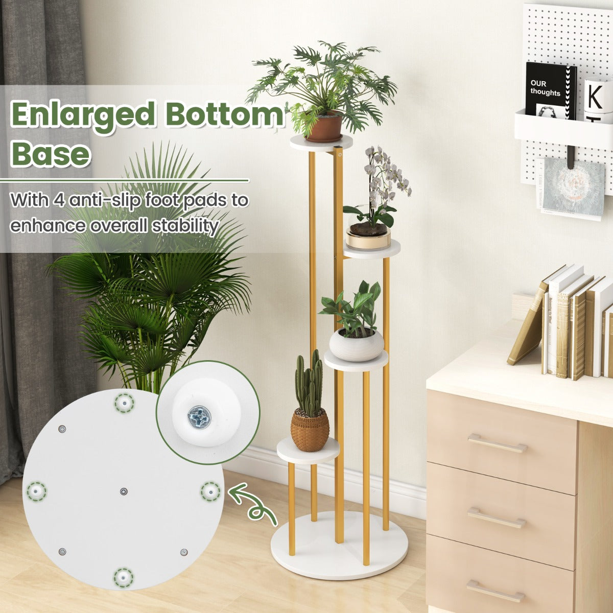 LIVSK Hoekplantstandaard - 5 Niveaus - Robuust Metaal en MDF - Multifunctioneel - Elegante Witte Planken - Goud & Wit