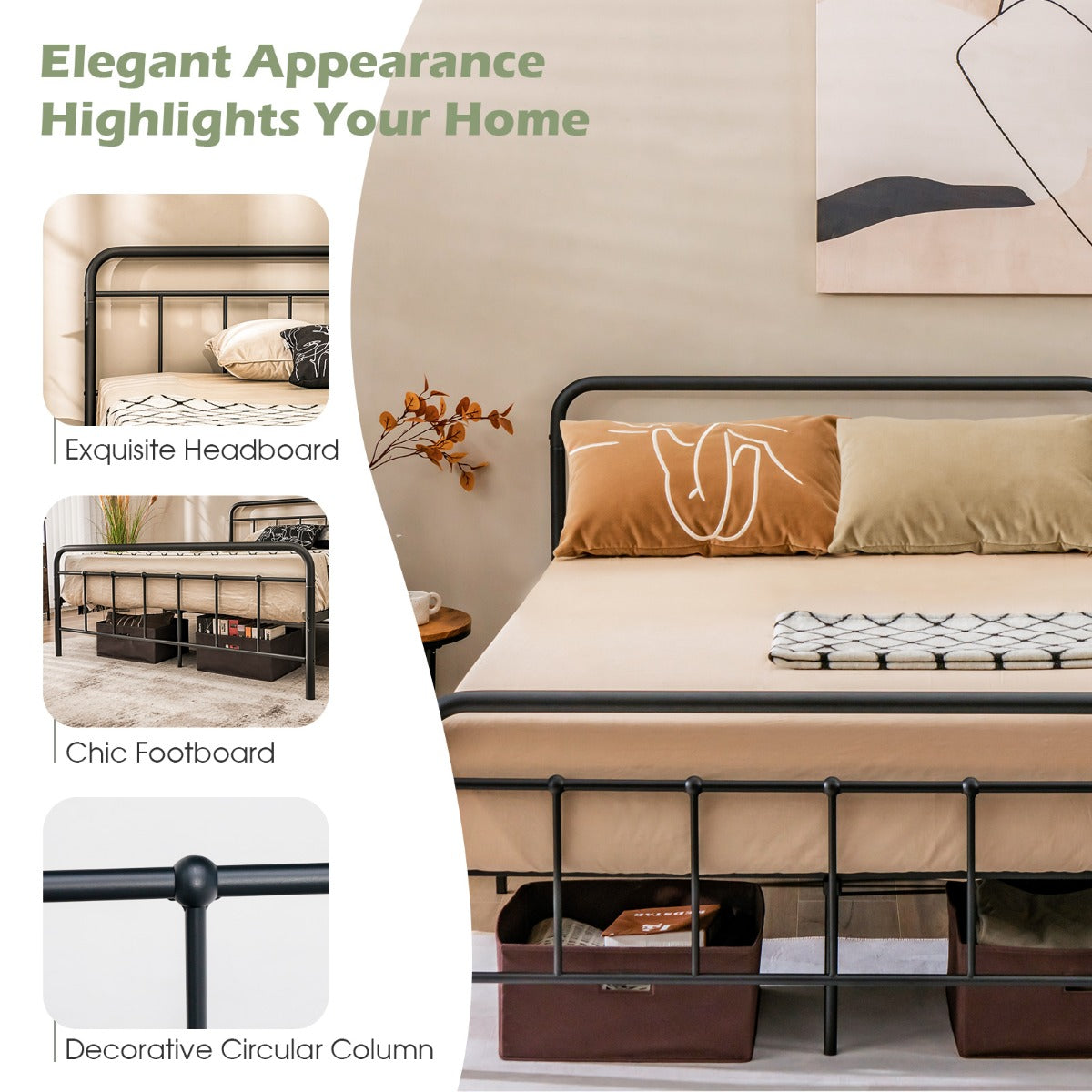 Livsk costway metalen platform bed modern bedframe met hoofdbord voetbord zware stalen latten ondersteunen matrasstichting zwart 208x164x102cm 4