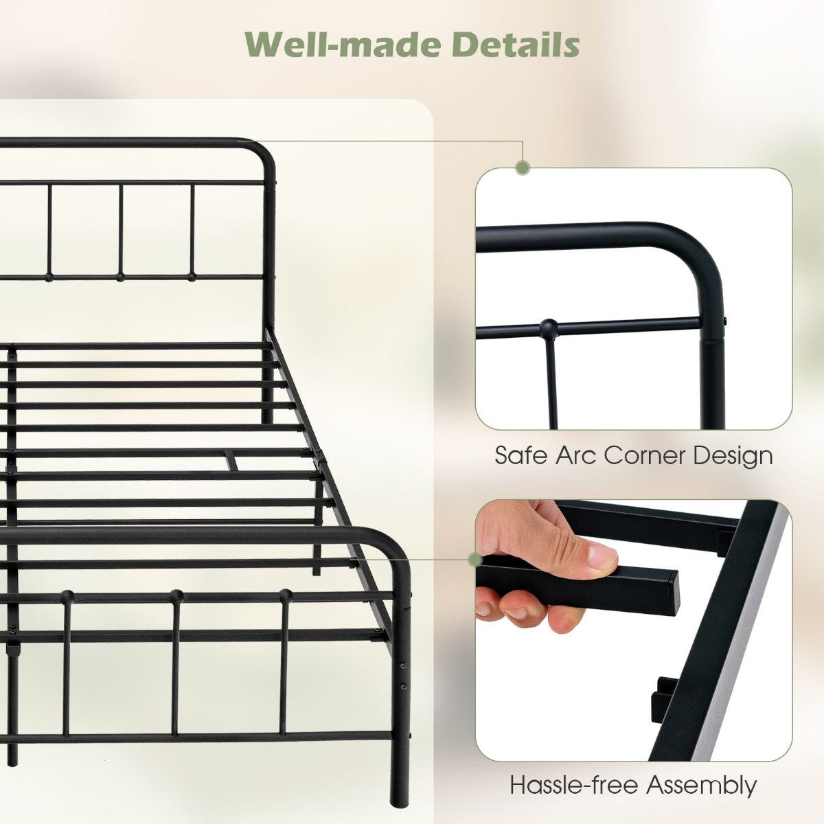 Livsk costway metalen platform bed modern bedframe met hoofdbord voetbord zware stalen latten ondersteunen matrasstichting zwart 208x164x102cm 6