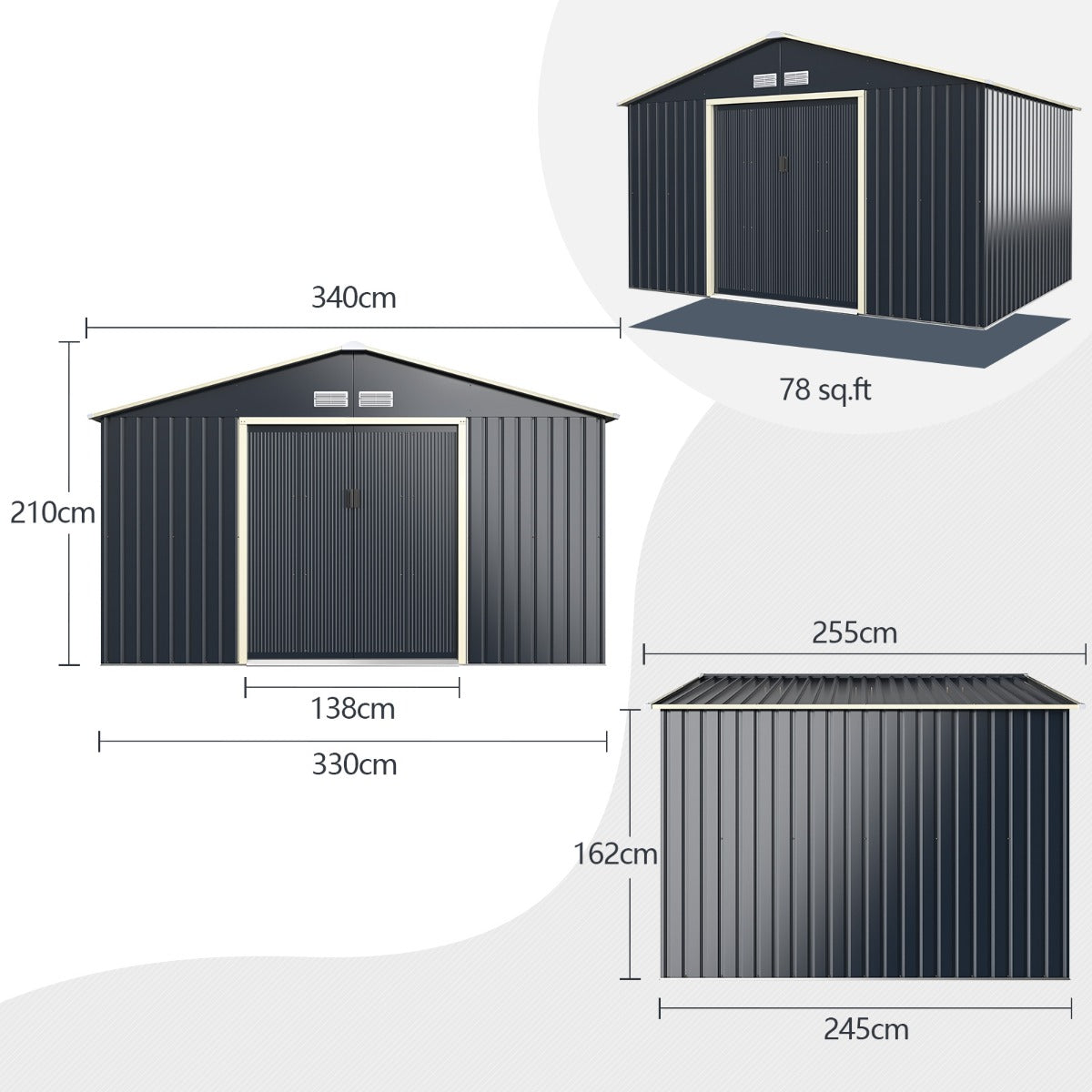 Livsk costway metalen schuur met 4 ventilatieopeningen en externe kunststof opbergkist van 380 l schuur met schuifdeuren en bruine opbergkist voor de tuin 2