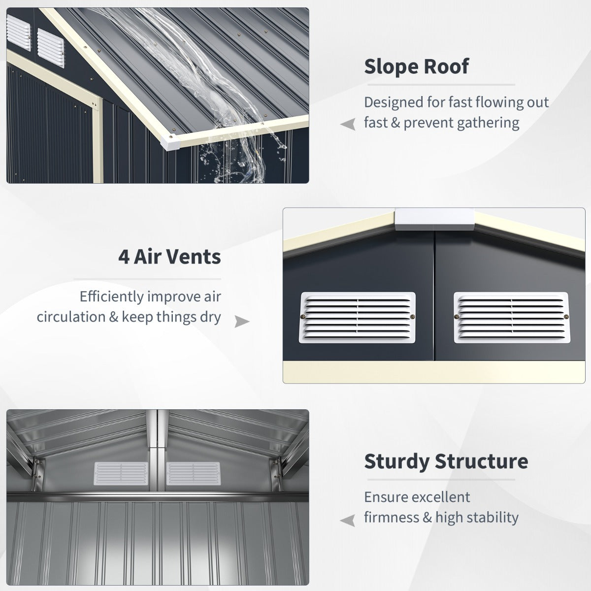 Livsk costway metalen schuur met 4 ventilatieopeningen en externe kunststof opbergkist van 380 l schuur met schuifdeuren en bruine opbergkist voor de tuin 4