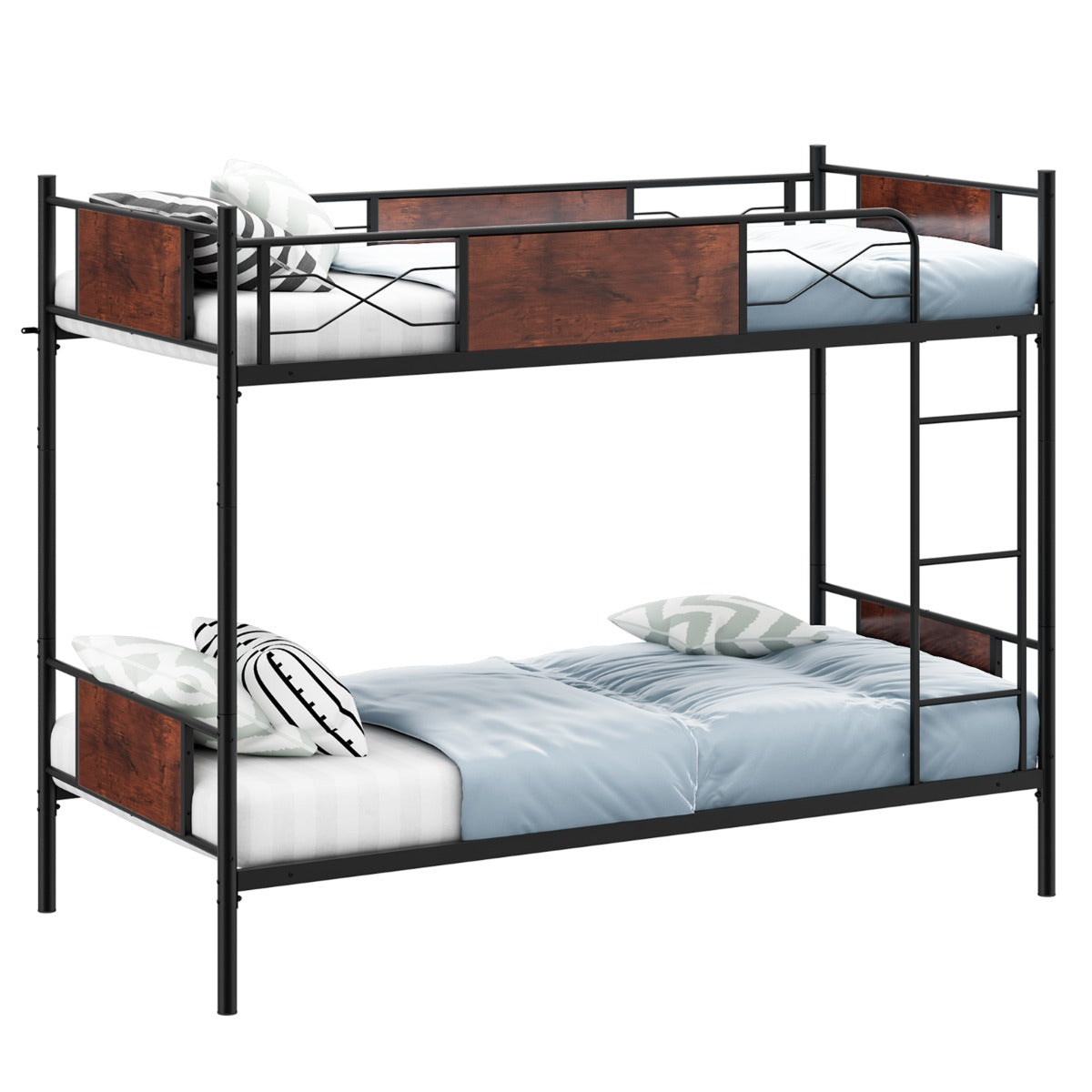 LIVSK Metalen Stapelbedframe - 2-in-1 Ontwerp - Veiligheidshekken - Ruimtebesparend - Onderste Opbergruimte - Zwart + Rustiek