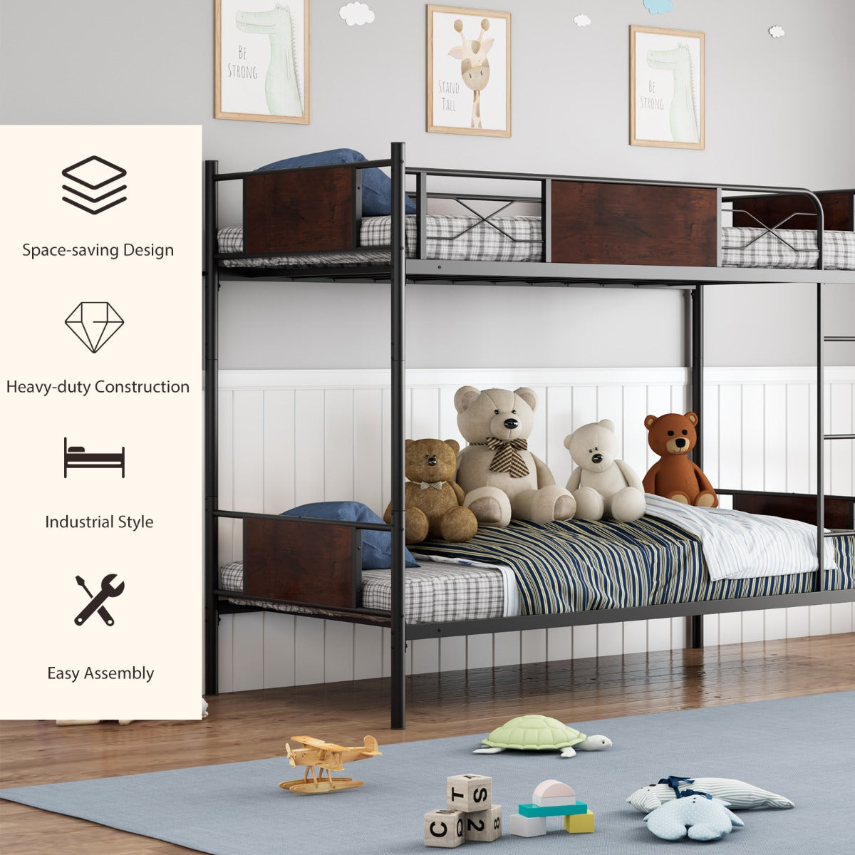 LIVSK Metalen Stapelbedframe - 2-in-1 Ontwerp - Veiligheidshekken - Ruimtebesparend - Onderste Opbergruimte - Zwart + Rustiek