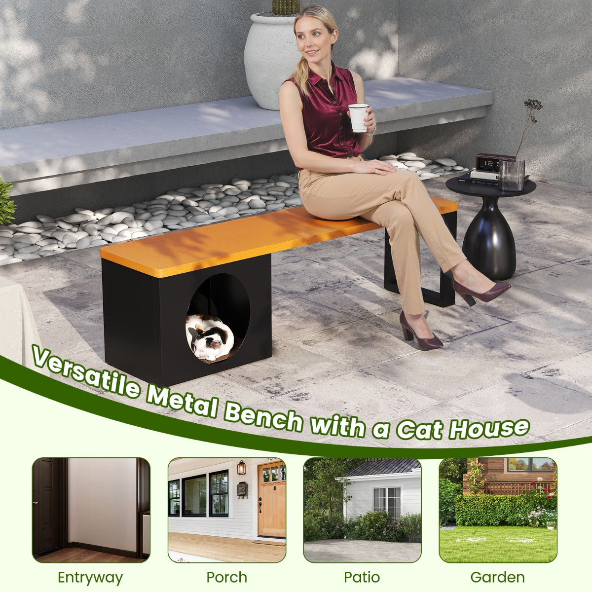 LIVSK Metalen Bank met Kattenhuis - 3-zits - Weerbestendig - 450 kg Draagcapaciteit - Voor Tuin en Terras - Koffie + Donkergrijs