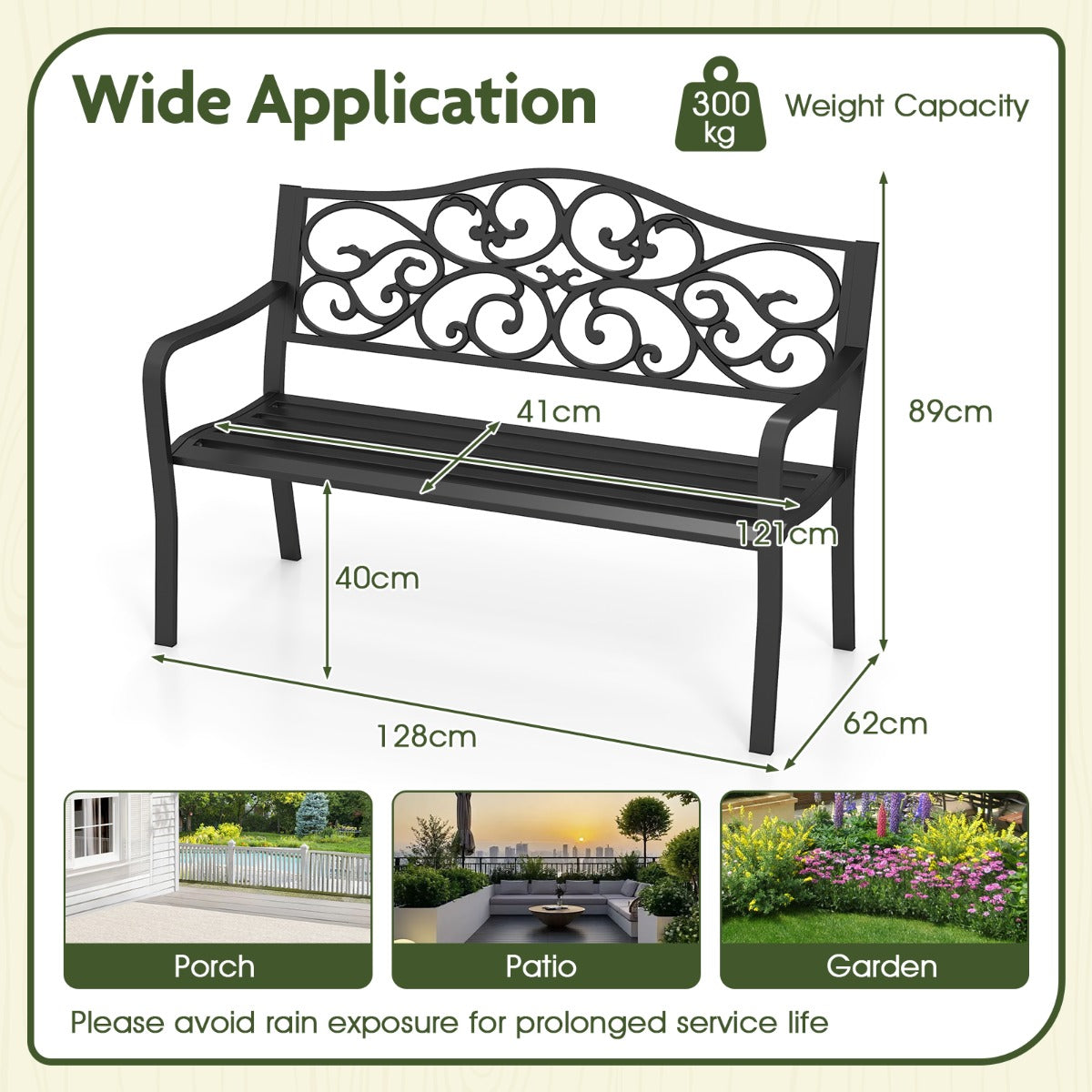 LIVSK Veranda Bank met Bloemmotief - Gietijzeren Frame - Ergonomisch Design - Tot 300 kg - Voor 2-3 Personen - Zwart