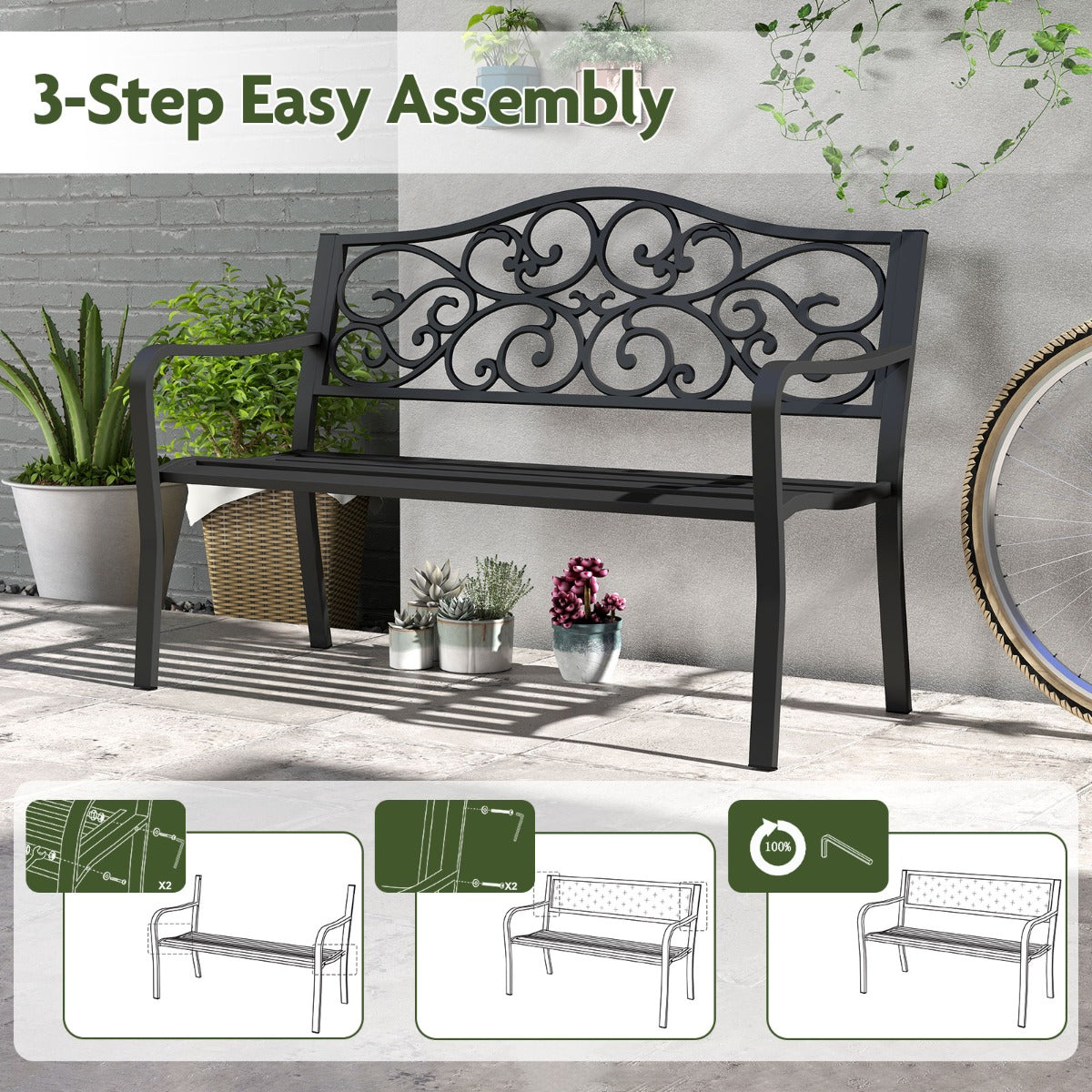 LIVSK Veranda Bank met Bloemmotief - Gietijzeren Frame - Ergonomisch Design - Tot 300 kg - Voor 2-3 Personen - Zwart