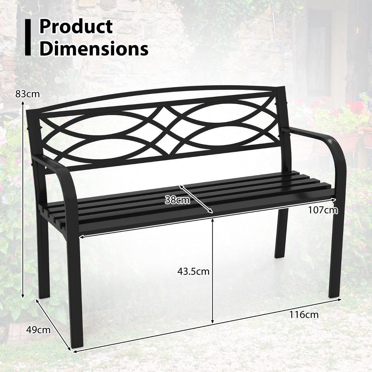 LIVSK Weerbestendige Metalen Tuinbank voor 2 Personen - Robuuste Constructie - Draagkracht tot 300 kg - 116 x 49 x 83 cm - Zwart