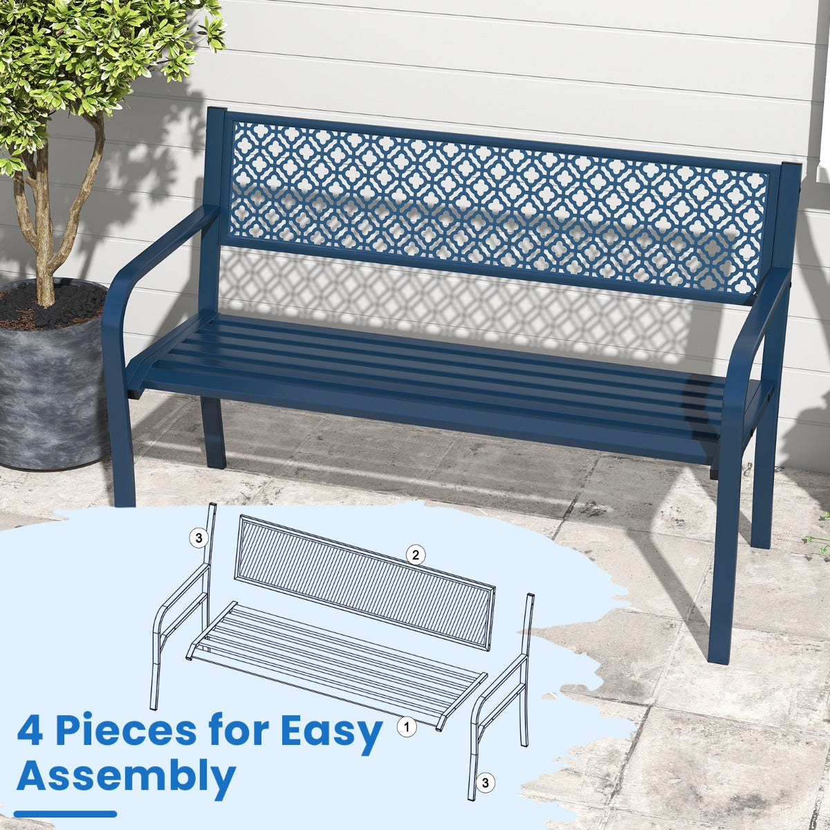 LIVSK Parkbank - Robuuste Metalen Constructie - Ergonomisch Comfort - Voor 2-3 Personen - Draagvermogen 360 kg - Blauw