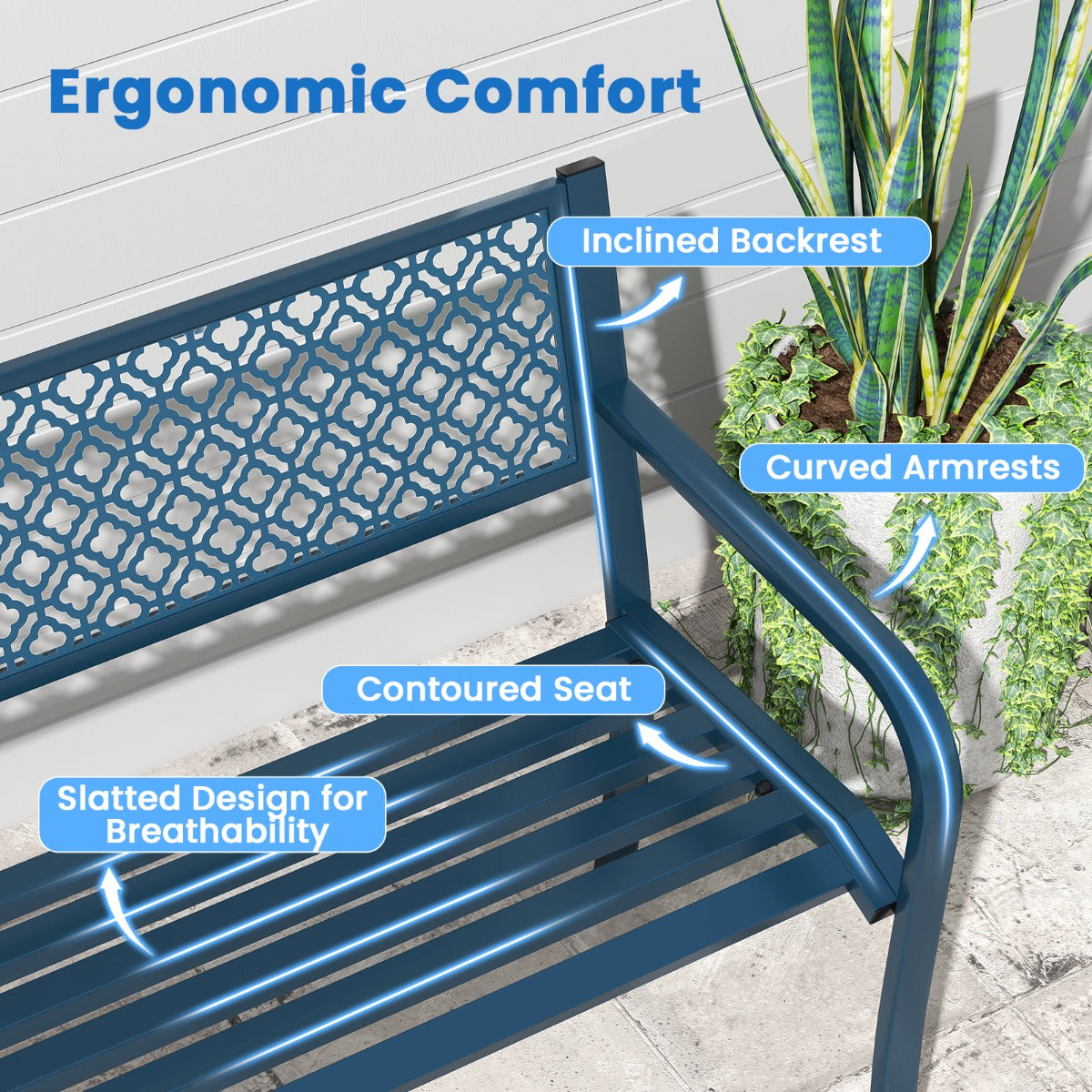 LIVSK Parkbank - Robuuste Metalen Constructie - Ergonomisch Comfort - Voor 2-3 Personen - Draagvermogen 360 kg - Blauw