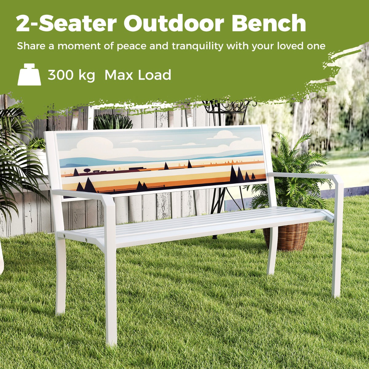 LIVSK Metalen Tuinbank - Weerbestendig en Robuust - Voor 2-3 Personen - Draagvermogen 300 kg - 128 x 53 x 81,5 cm - Wit