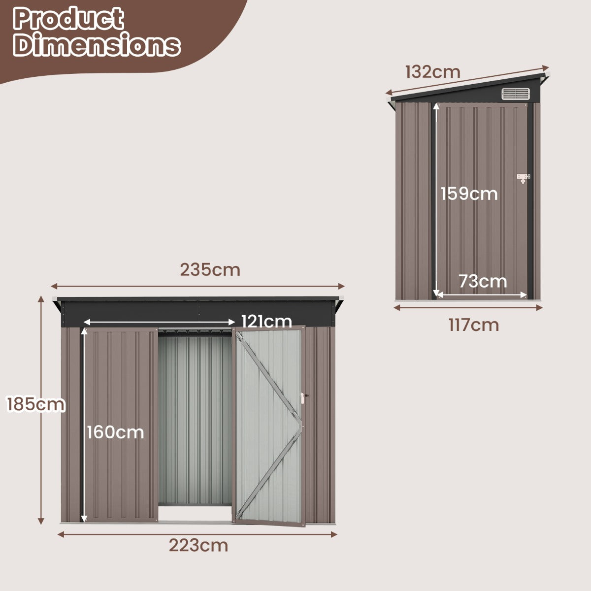 LIVSK Weerbestendige Tuinschuur - Schuin Dak voor Snelle Waterafvoer - Dubbele Deuren - Veelzijdig Gebruik - 235 x 117 x 185 cm -