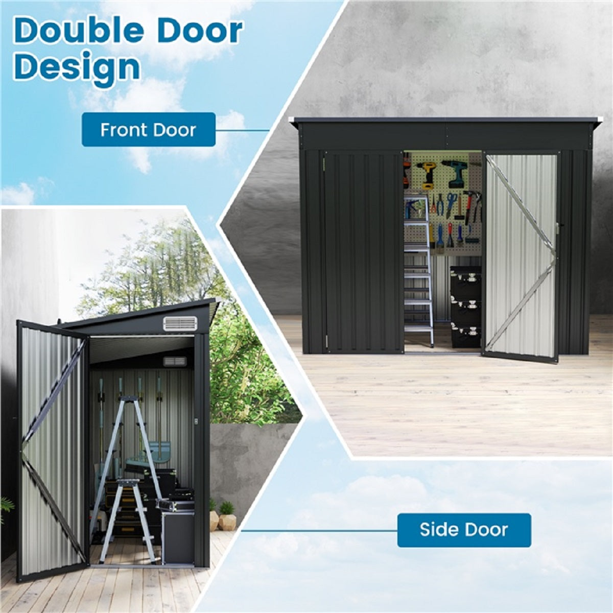 LIVSK Tuinhuis met Schuin Dak - Weerbestendig en Wind- en Waterdicht - Dubbele Deuren - 235 x 117 x 185 cm - Donkergrijs