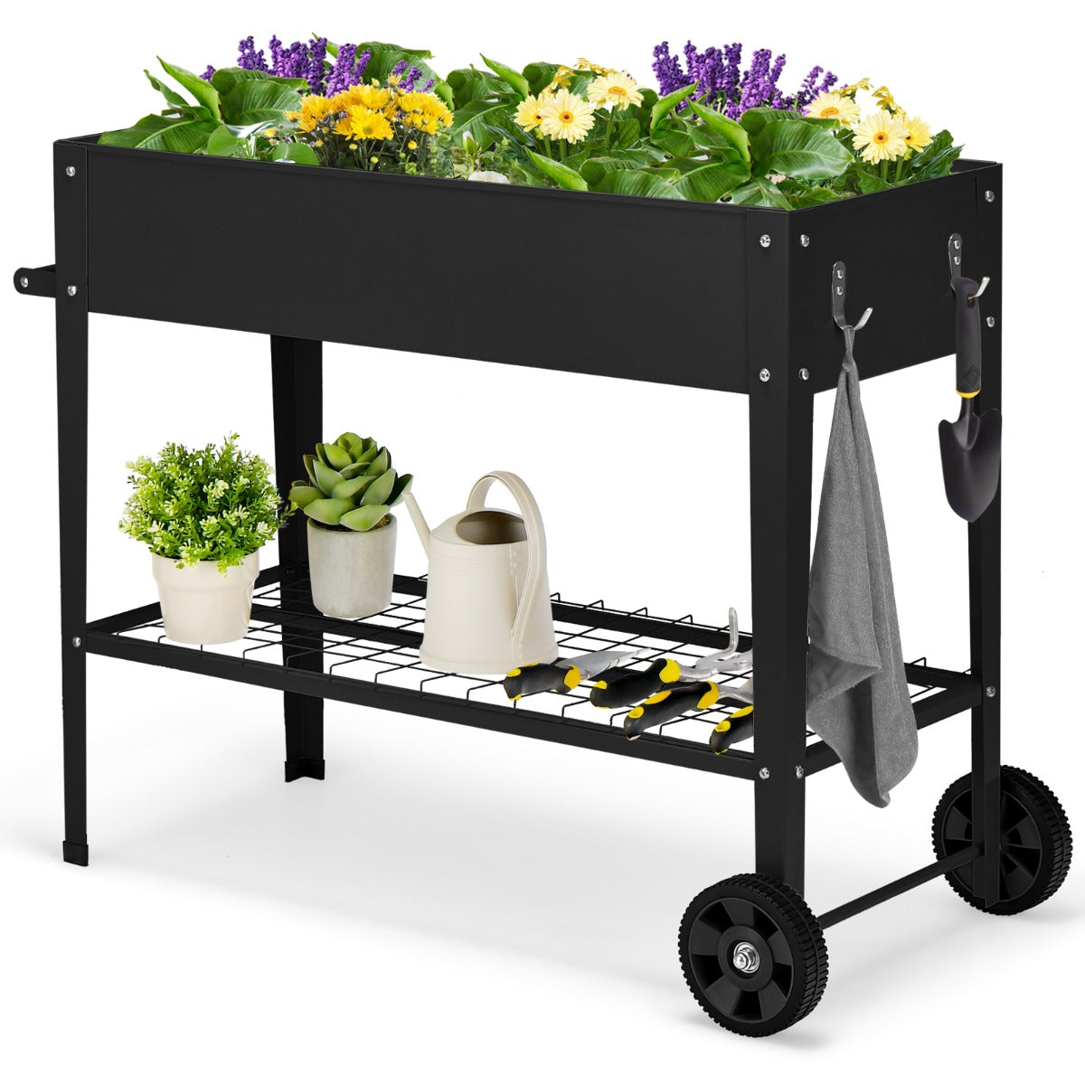 LIVSK Verhoogd Tuinbed met Opslag - 65L Plantenbak - Ergonomisch en Mobiel - Inclusief Wielen en Haken - Zwart