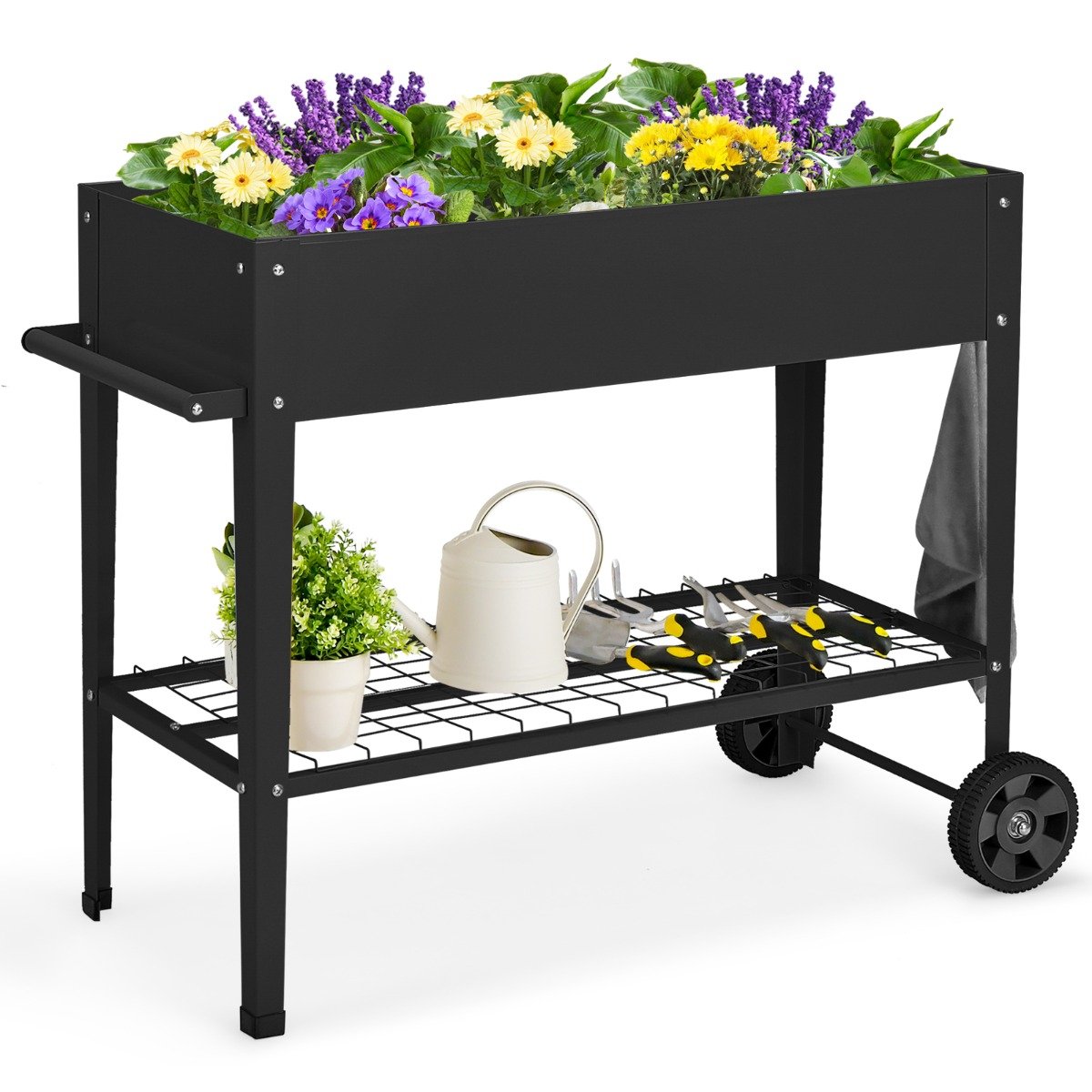 LIVSK Verhoogd Tuinbed met Opslag - 65L Plantenbak - Ergonomisch en Mobiel - Inclusief Wielen en Haken - Zwart