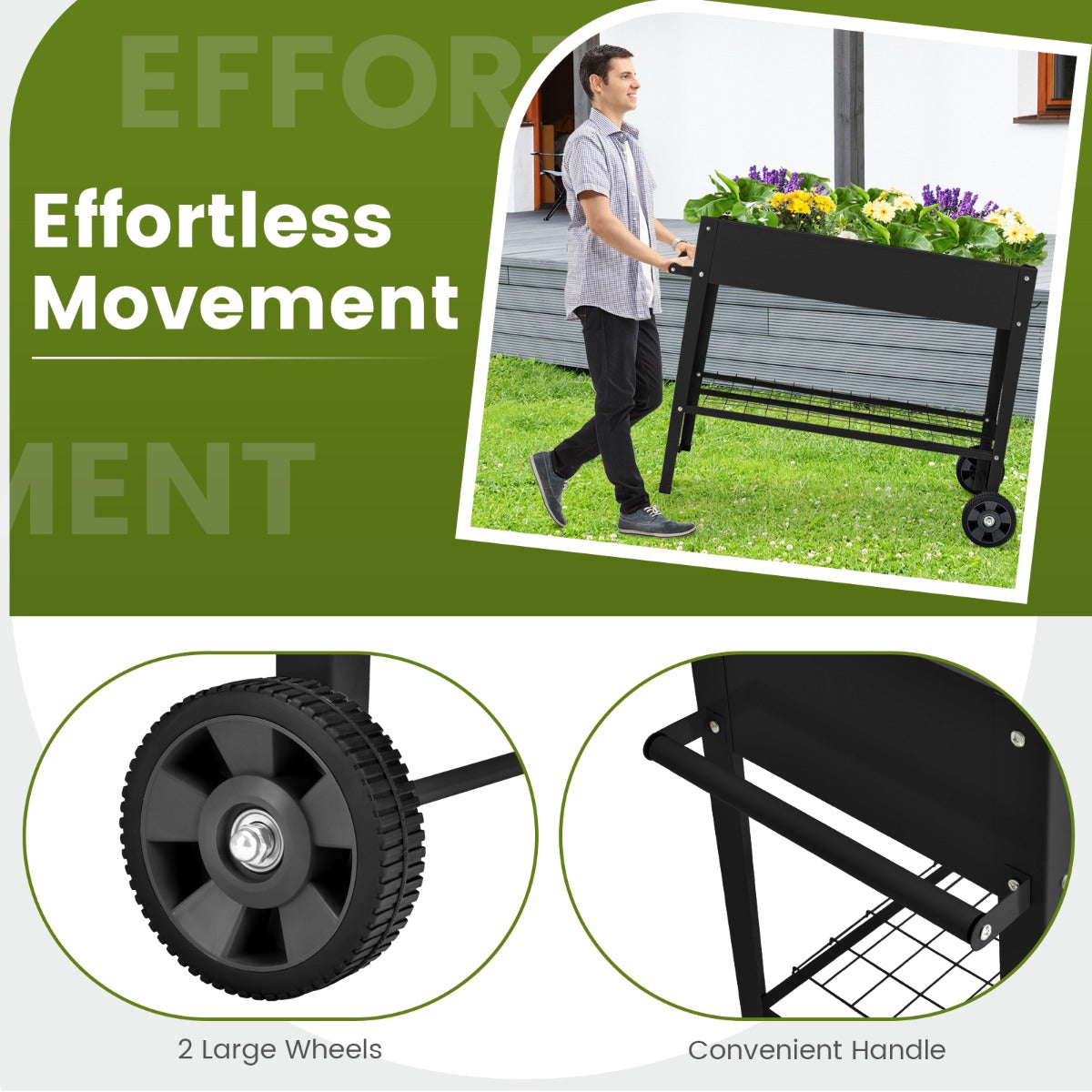 LIVSK Verhoogd Tuinbed met Opslag - 65L Plantenbak - Ergonomisch en Mobiel - Inclusief Wielen en Haken - Zwart