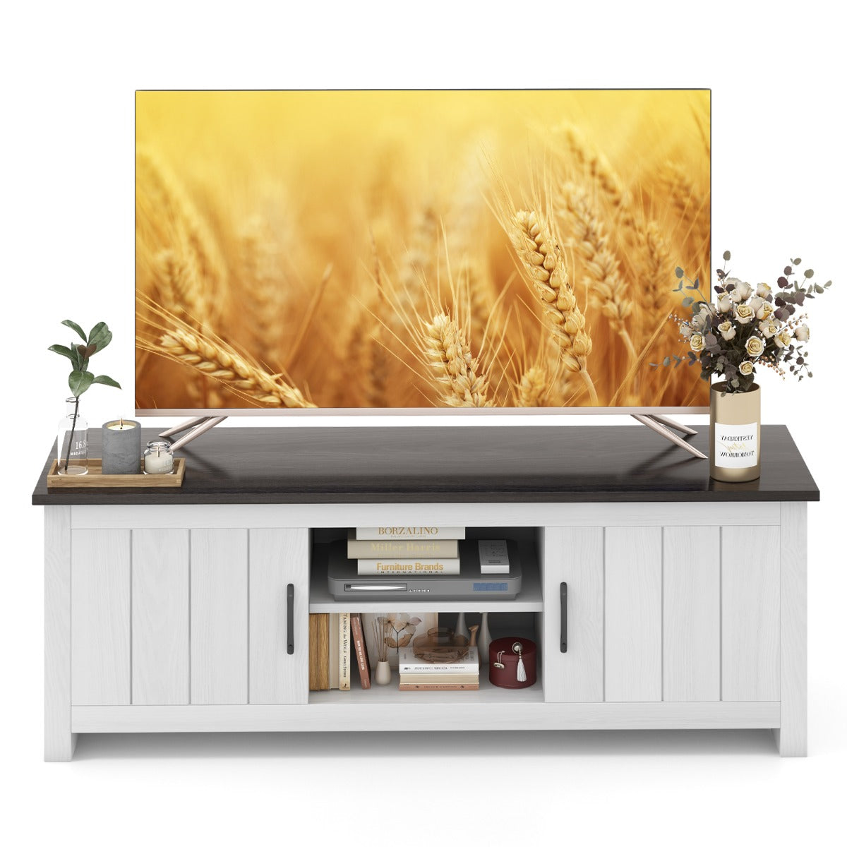 LIVSK TV-meubel voor Flatscreen TV's tot 65" - Royale Opbergruimte - Kabelmanagement - Stevige Constructie - Wit + Donkerbruin