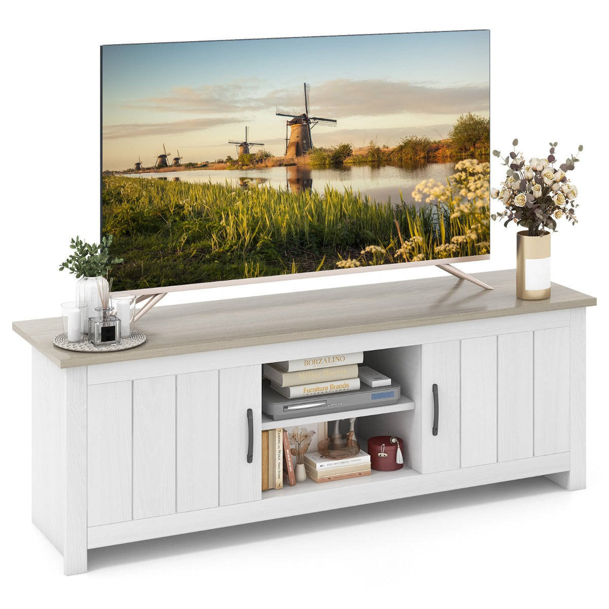LIVSK TV-meubel voor Flatscreen TV's tot 65" - Open Planken en 2 Kasten - Kabelmanagement - Duurzaam - Wit + Grijs