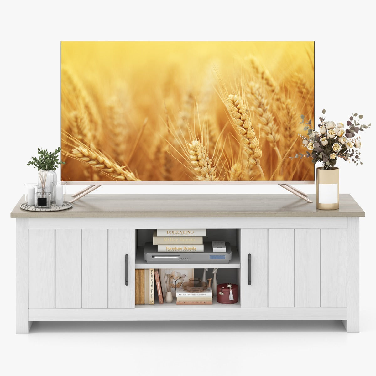 LIVSK TV-meubel voor Flatscreen TV's tot 65" - Open Planken en 2 Kasten - Kabelmanagement - Duurzaam - Wit + Grijs