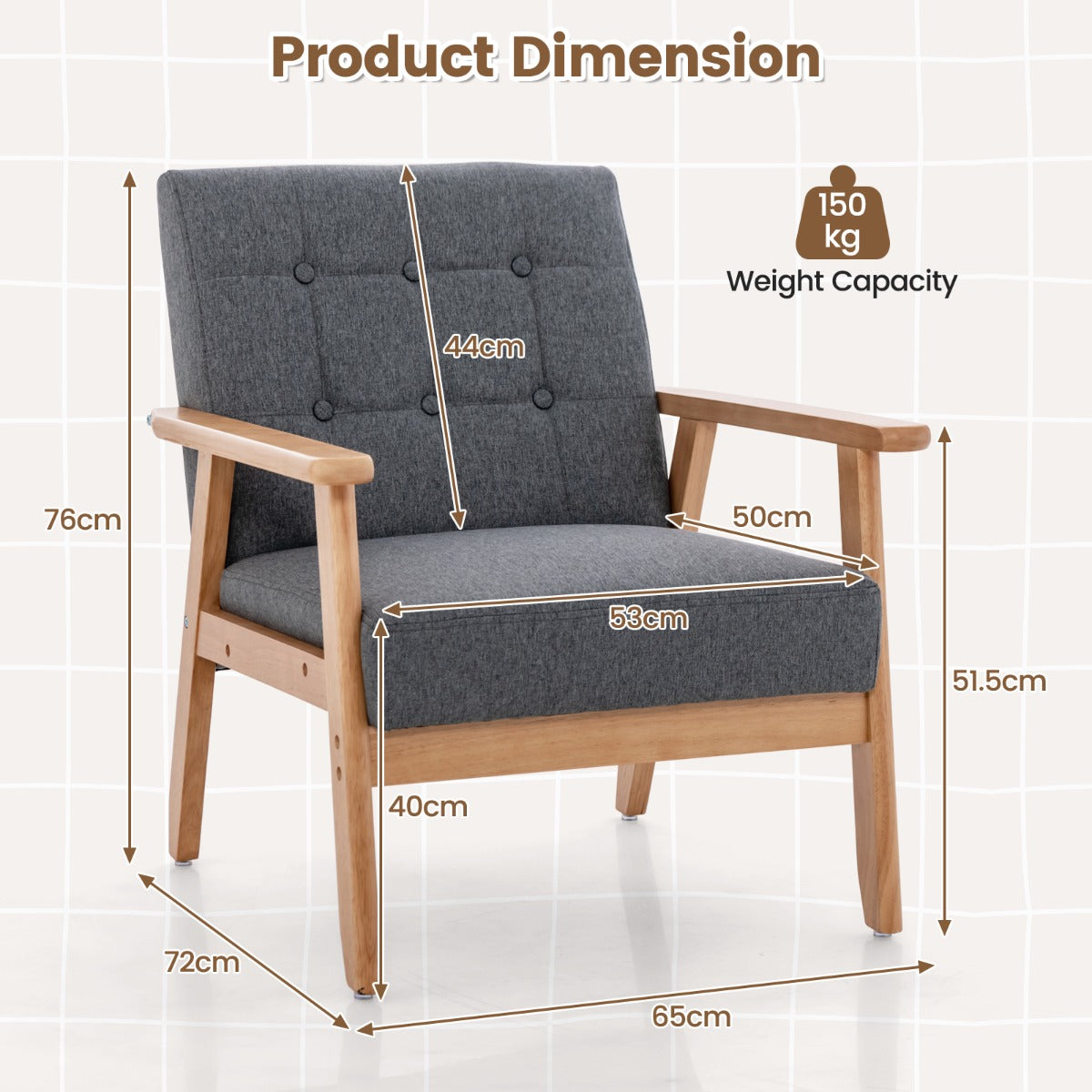 LIVSK Gestoffeerde Accentstoel met Knopen - Mid-Century Modern Design - Ergonomisch Comfort - Rubberhouten Frame - Grijs