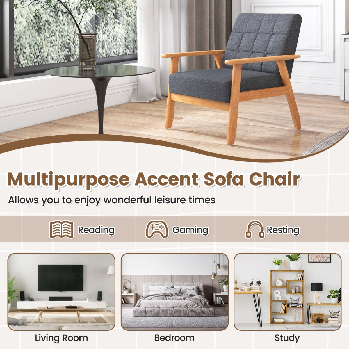 LIVSK Gestoffeerde Accentstoel met Knopen - Mid-Century Modern Design - Ergonomisch Comfort - Rubberhouten Frame - Grijs