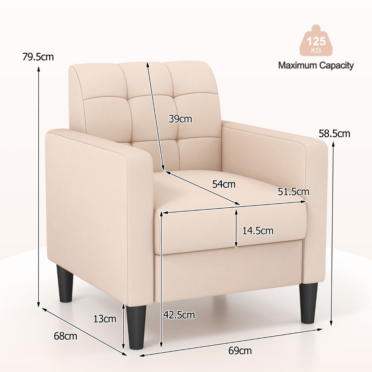 LIVSK Fluwelen Fauteuil - Mid-Century Design - Getufte Rugleuning - Comfortabele Armleuningen - 69 x 68 x 79,5 cm - Beige
