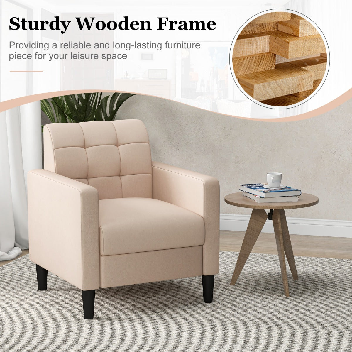LIVSK Fluwelen Fauteuil - Mid-Century Design - Getufte Rugleuning - Comfortabele Armleuningen - 69 x 68 x 79,5 cm - Beige